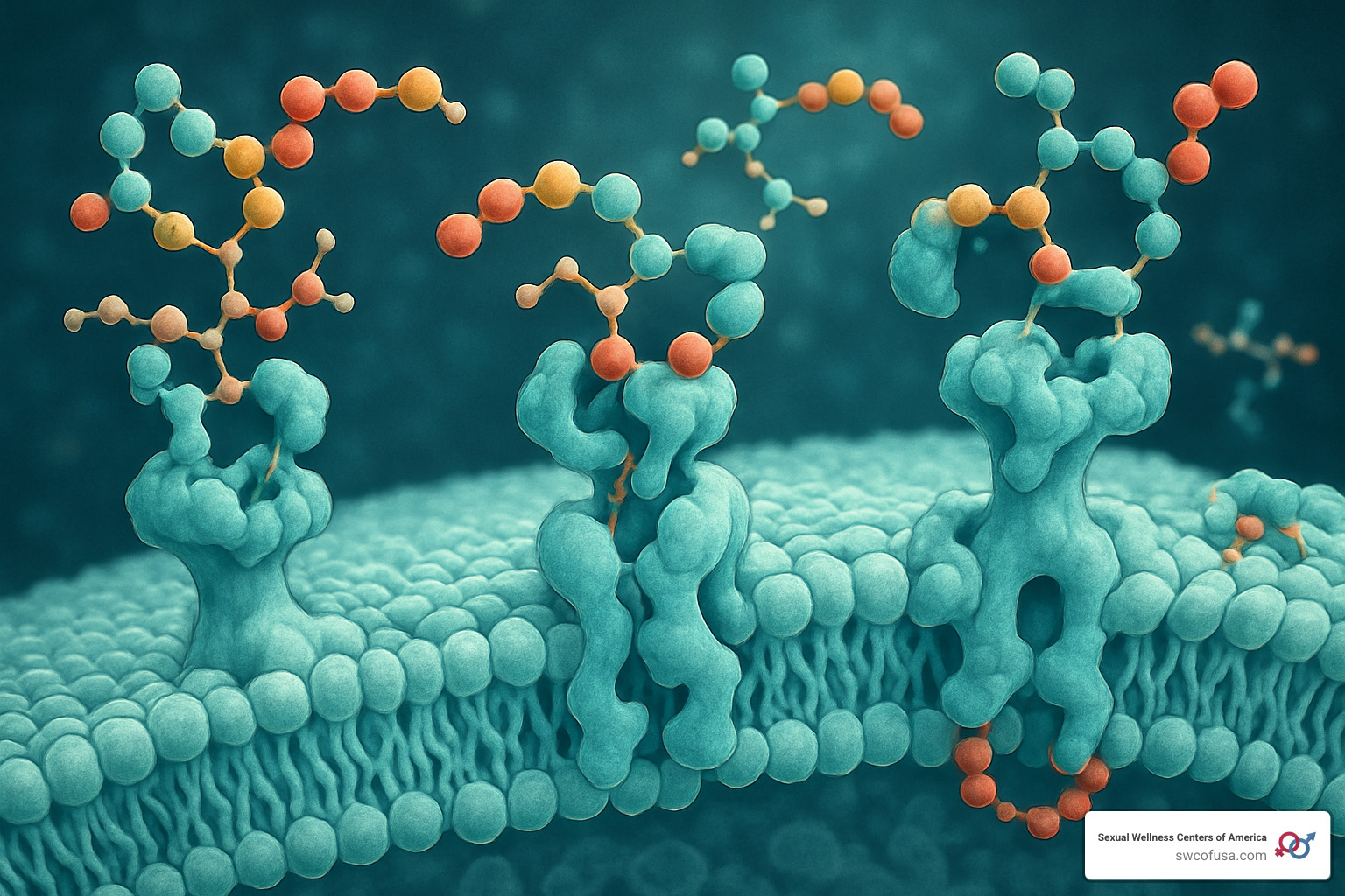 Microscopic view of peptide molecules interacting with cell receptors - peptide therapy for anxiety