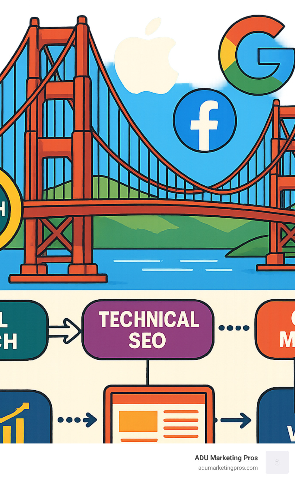 Bay Area SEO ecosystem showing the relationship between local search, technical SEO, content marketing, and analytics with Golden Gate Bridge and tech company logos integrated into a flowchart of how searches lead to website visits - bay area seo company infographic 