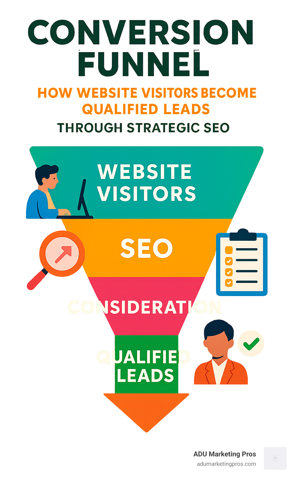 Conversion funnel showing how website visitors become qualified leads through strategic SEO - bay area seo company infographic 