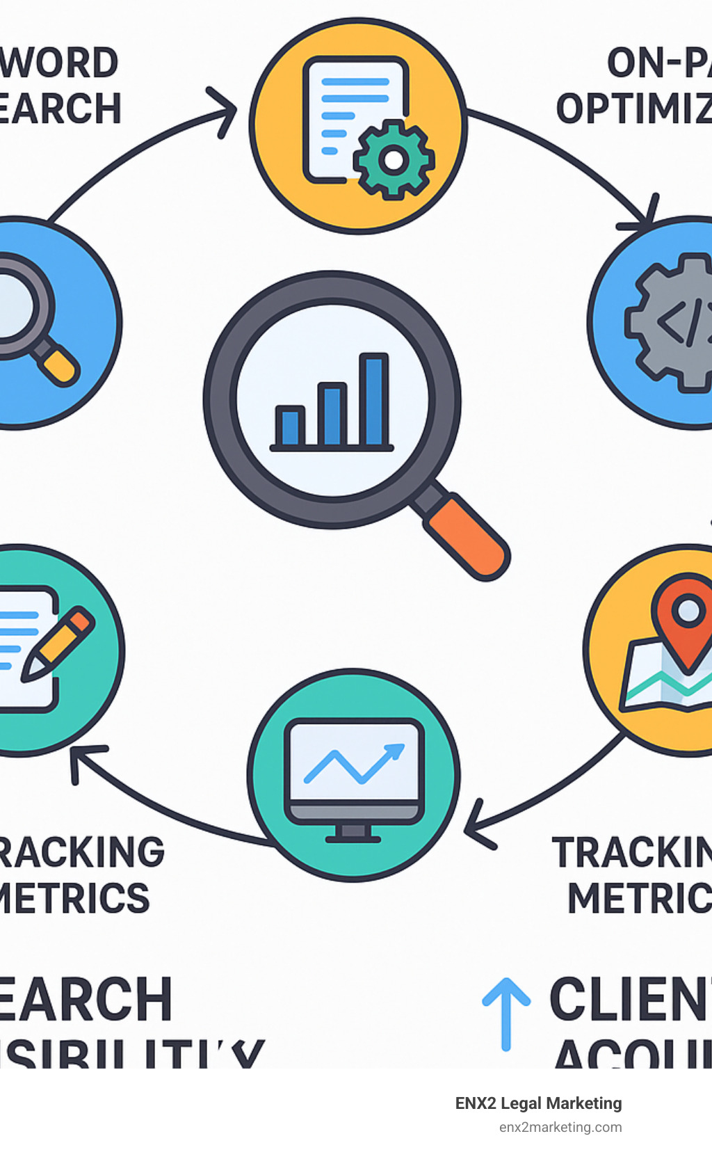 Attorney website optimization process showing keyword research, on-page optimization, technical SEO, content creation, local SEO, and tracking metrics with their impact on search visibility and client acquisition - attorney website optimization infographic