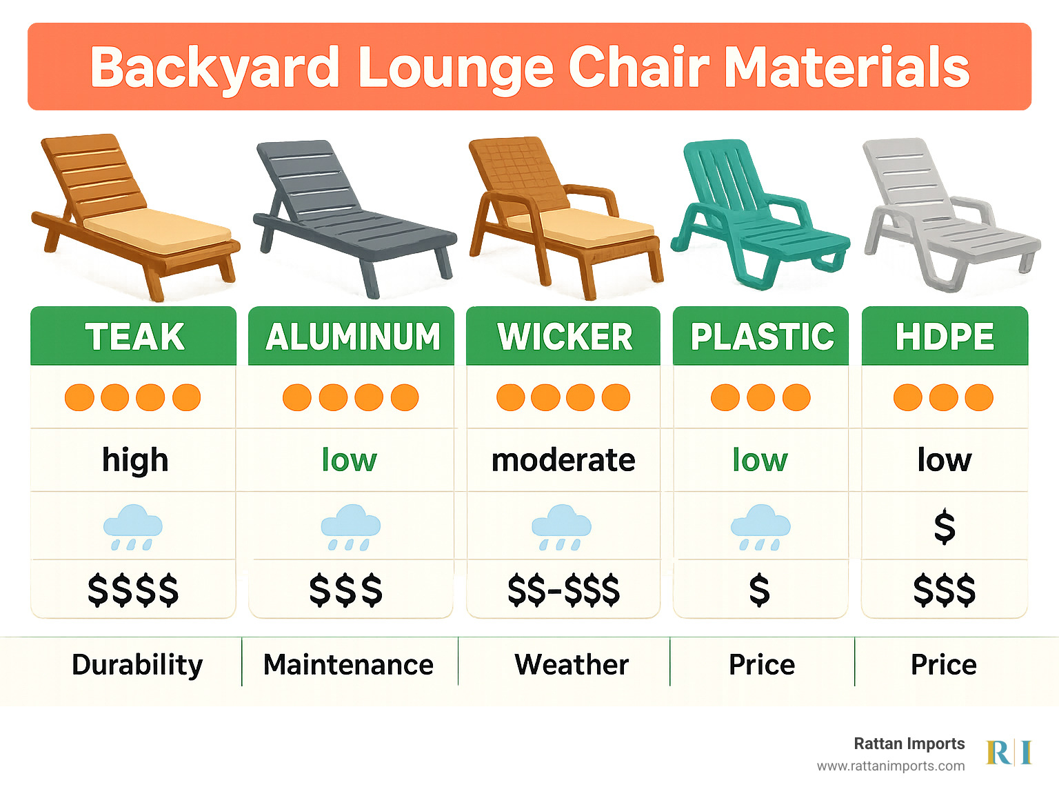Comparison of backyard lounge chair materials showing durability ratings, maintenance requirements, weather resistance, and price ranges for teak, aluminum, wicker, plastic, and HDPE materials with visual representations of each type - backyard lounge chairs infographic 