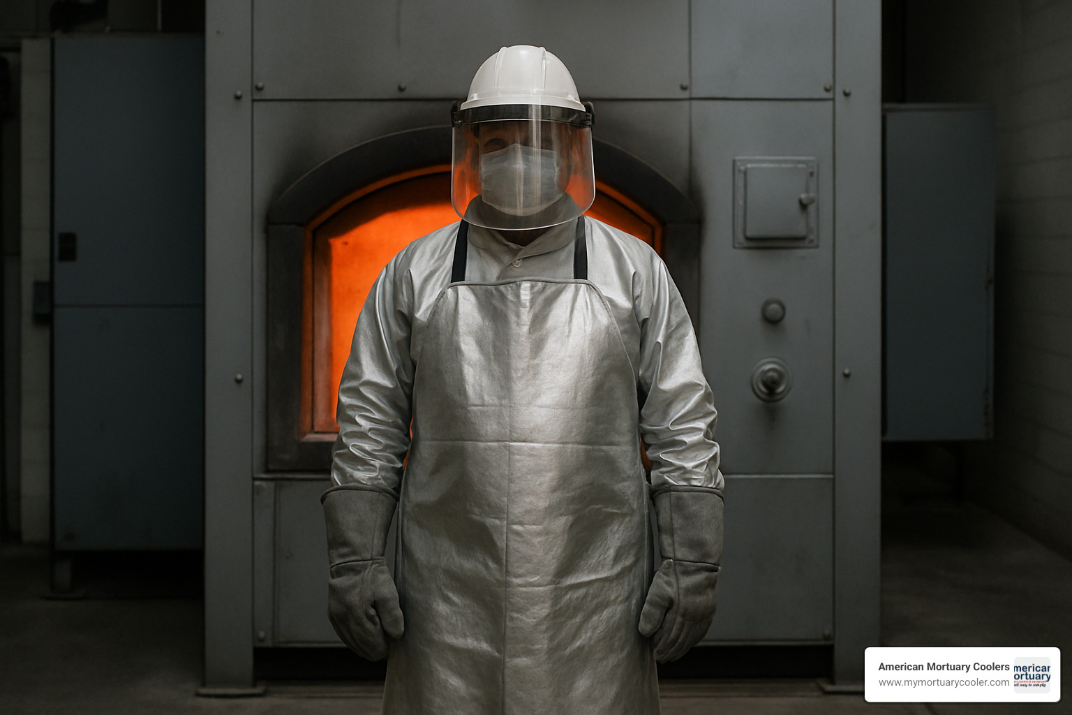 Crematory operator wearing full PPE including heat-resistant apron, gloves, and face shield - cremation supplies