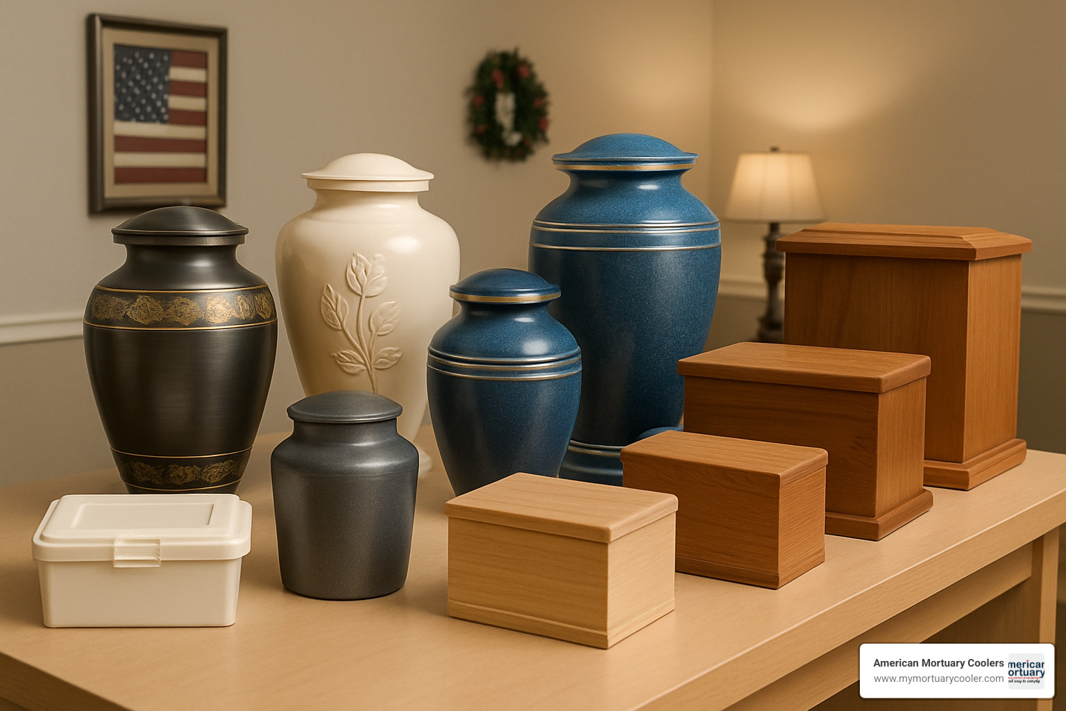 Display of various cremation urns and temporary containers arranged by style and material - cremation supplies