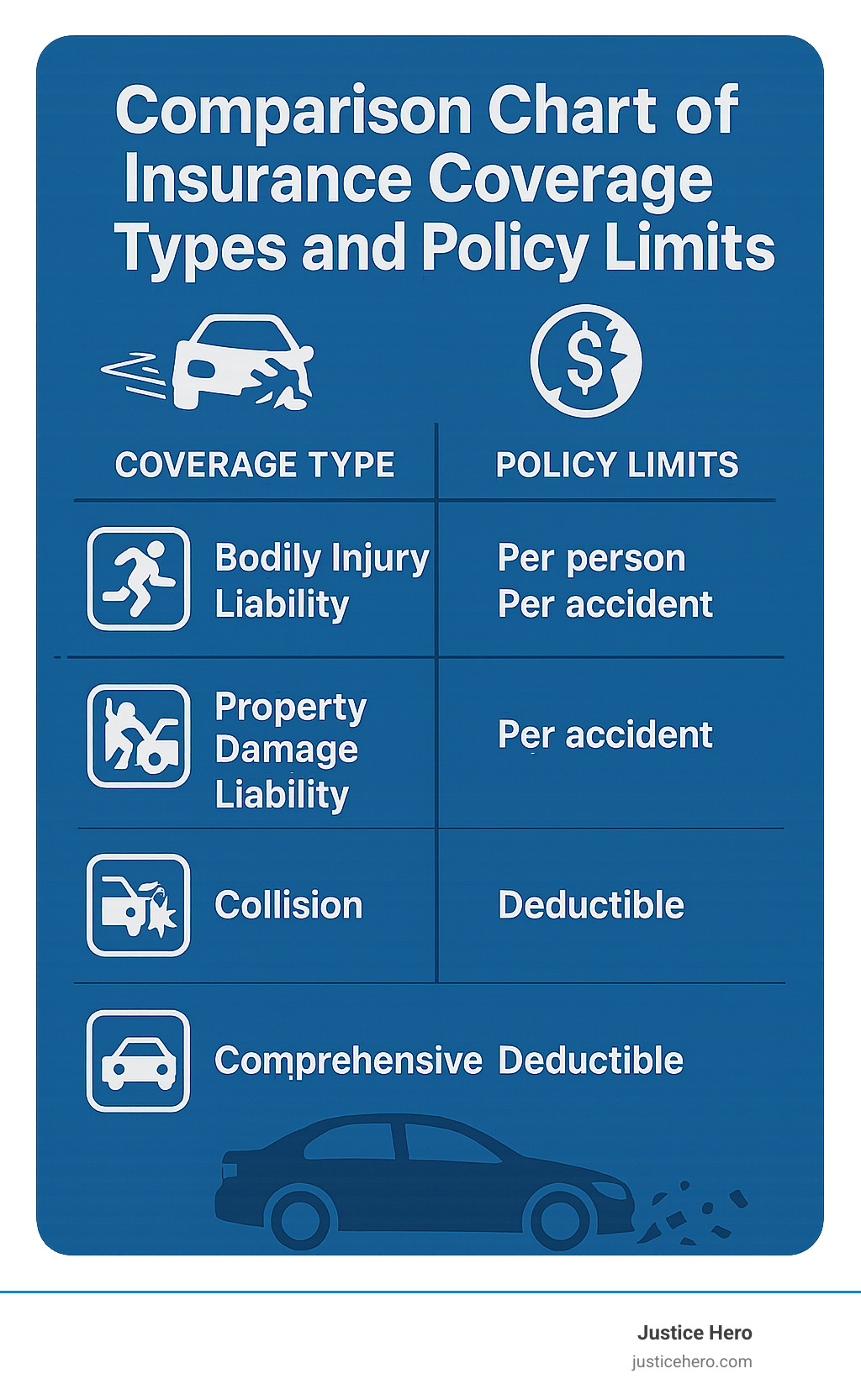 Comparison chart of insurance coverage types and policy limits - auto accident claims infographic
