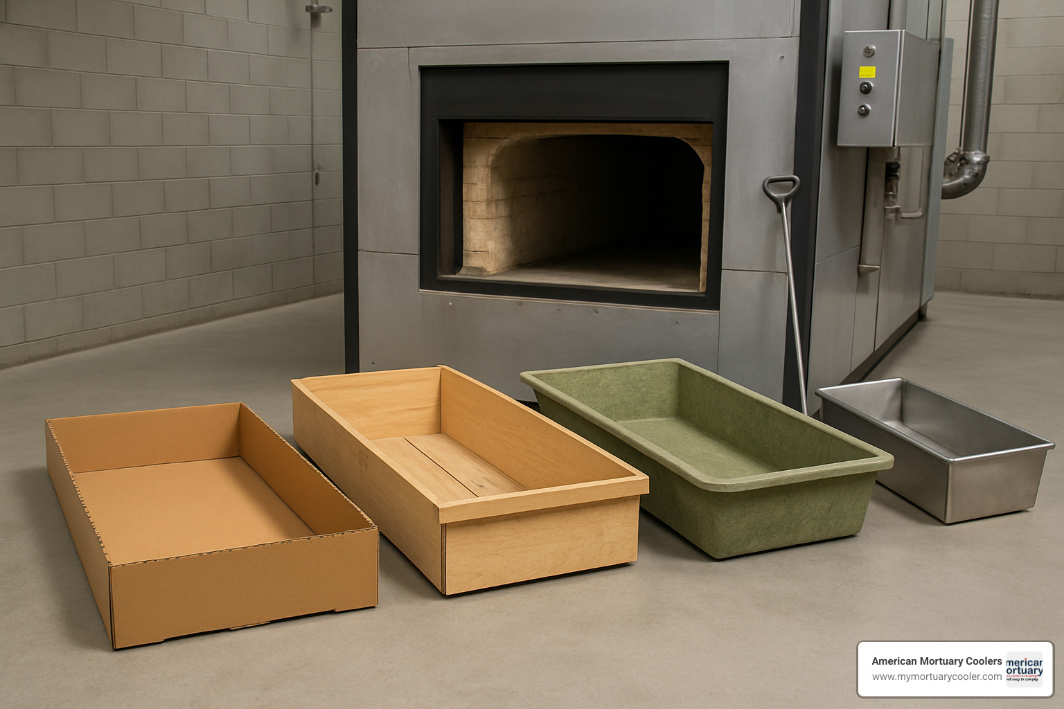 Various cremation containers and trays lined up showing different sizes and materials - cremation supplies