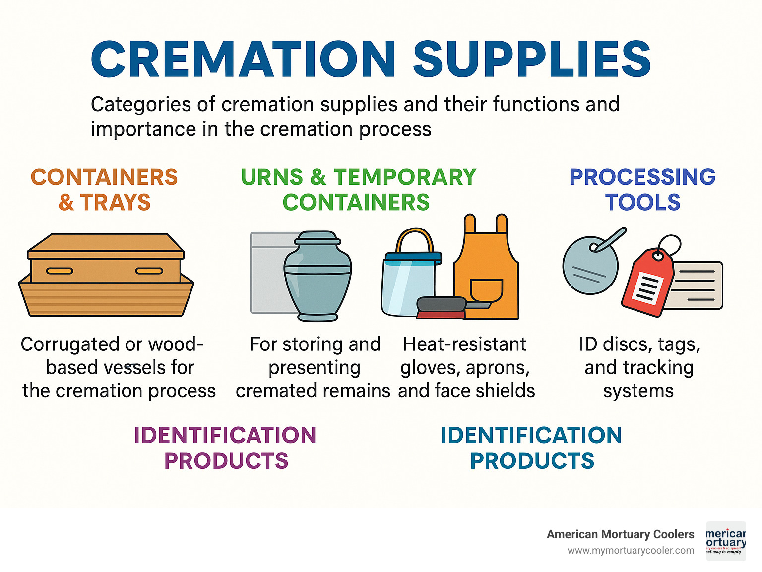 Detailed infographic showing categories of cremation supplies including containers, urns, safety equipment, tools, and identification products with their functions and importance in the cremation process - cremation supplies infographic 