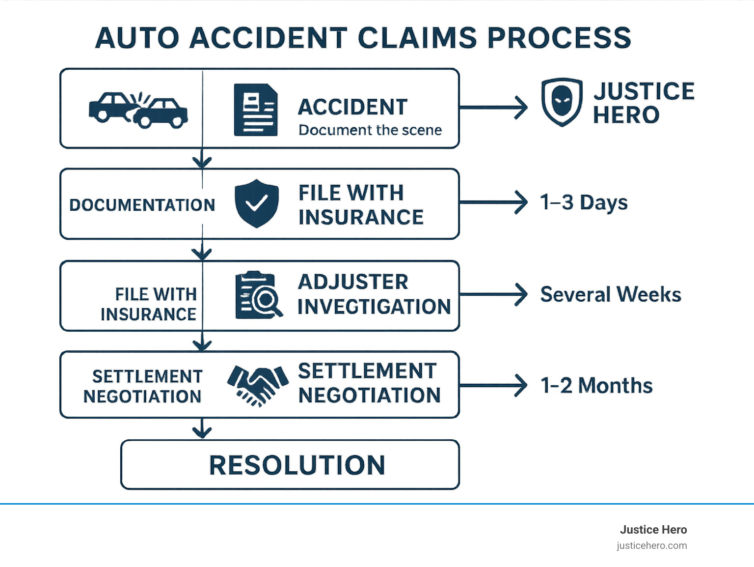 Step-by-step flowchart showing the auto accident claims process from accident occurrence through documentation, filing with insurance, adjuster investigation, settlement negotiation, to final resolution, with estimated timeframes for each stage - auto accident claims infographic