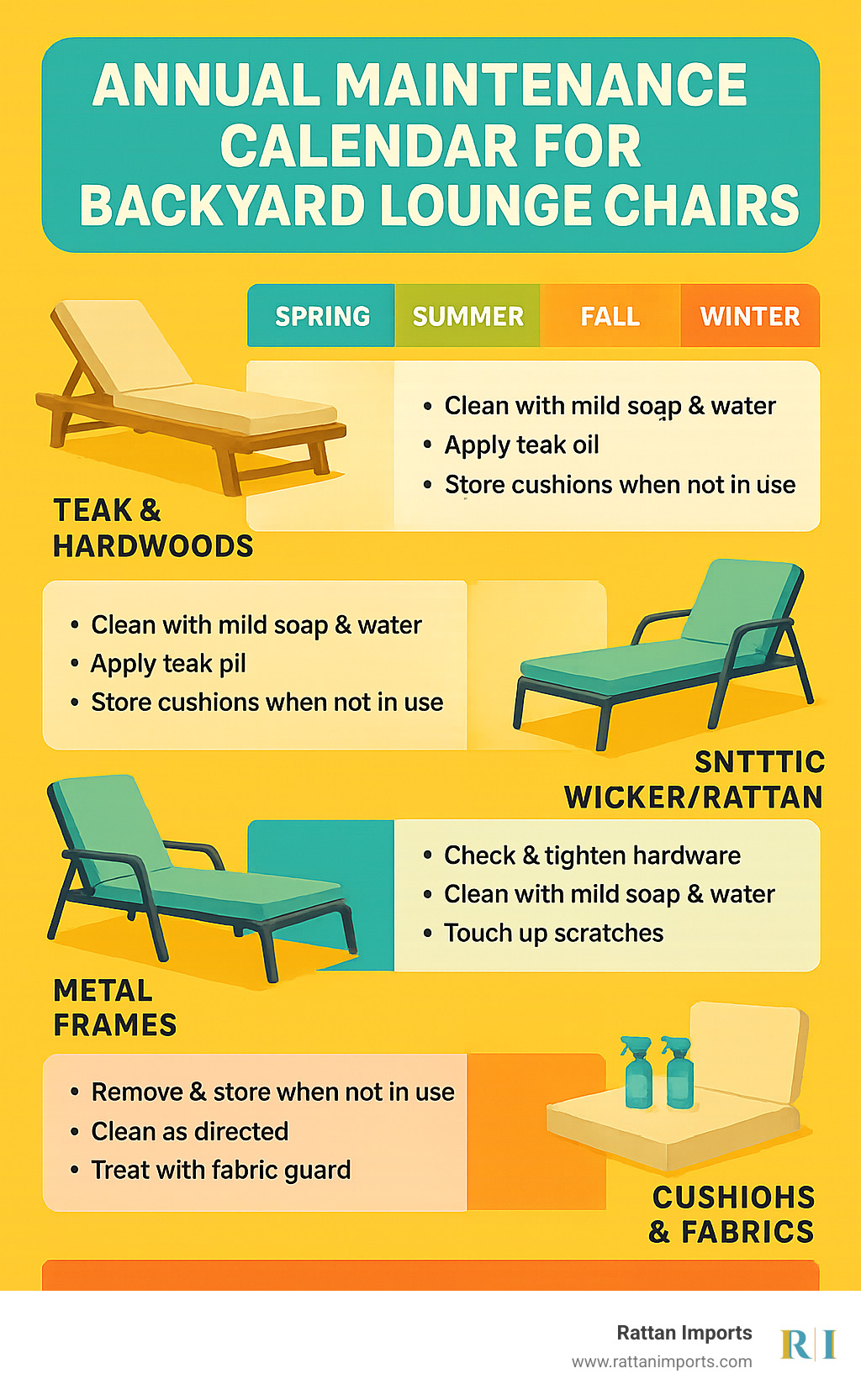 Annual maintenance calendar for backyard lounge chairs showing seasonal care tasks, cleaning frequency, and storage recommendations for different materials - backyard lounge chairs infographic 