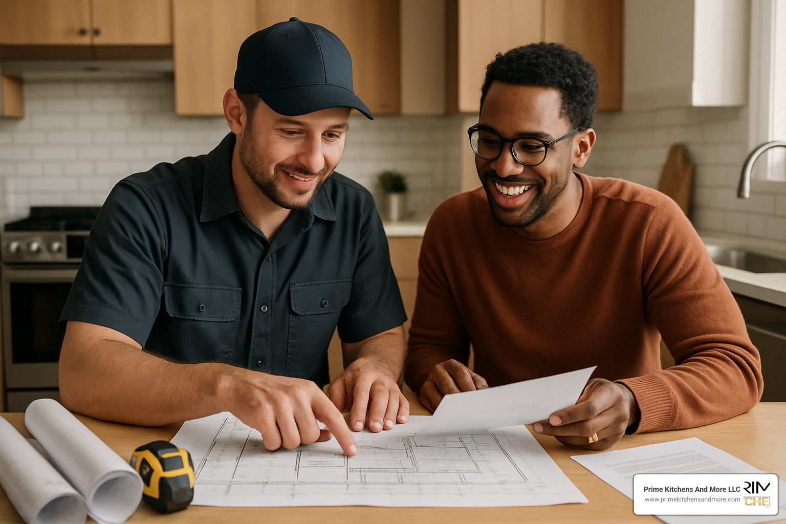 Contractor and homeowner reviewing plans at kitchen table - home addition contractors