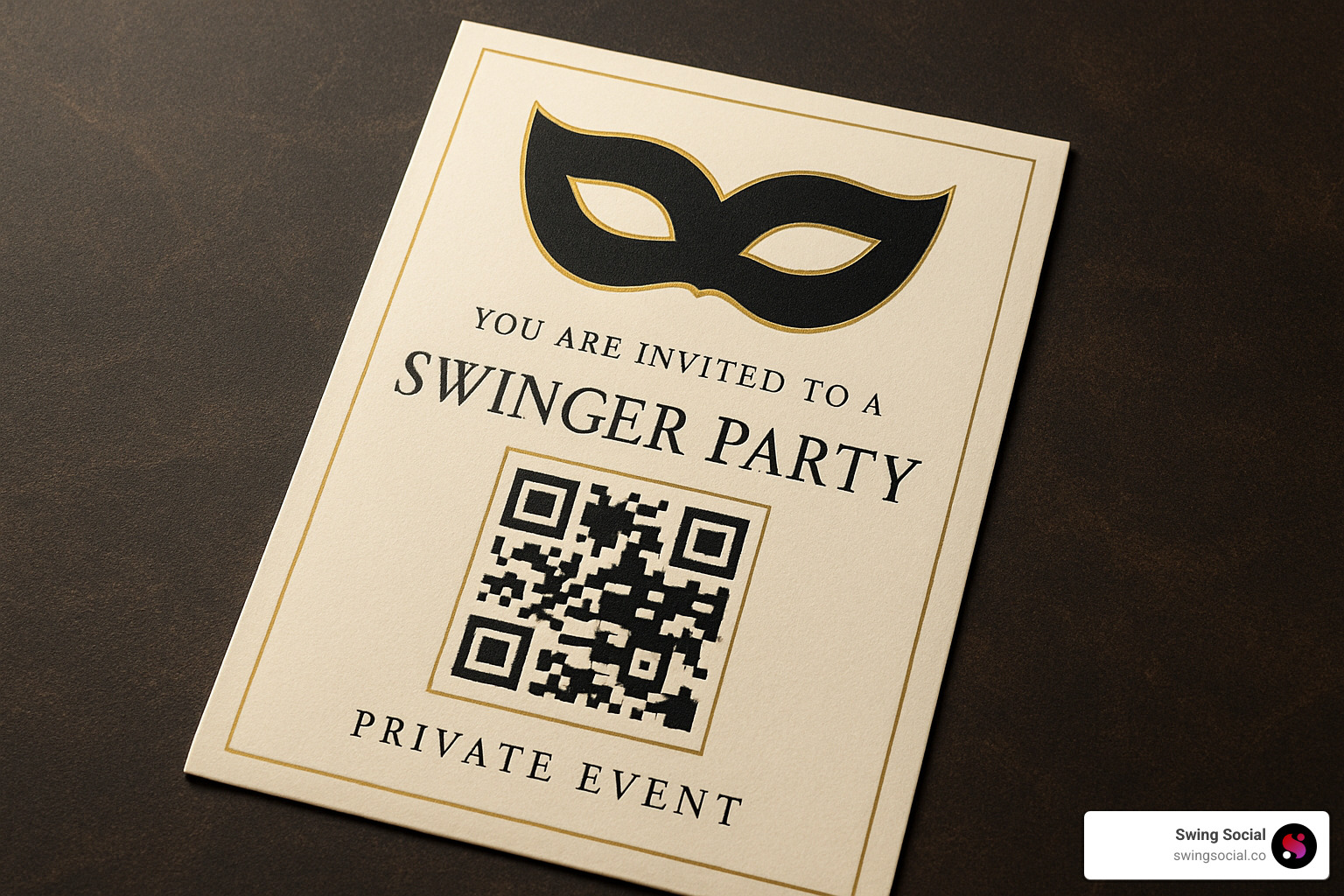 masked QR code on an neat invitation card - Swinger party invites