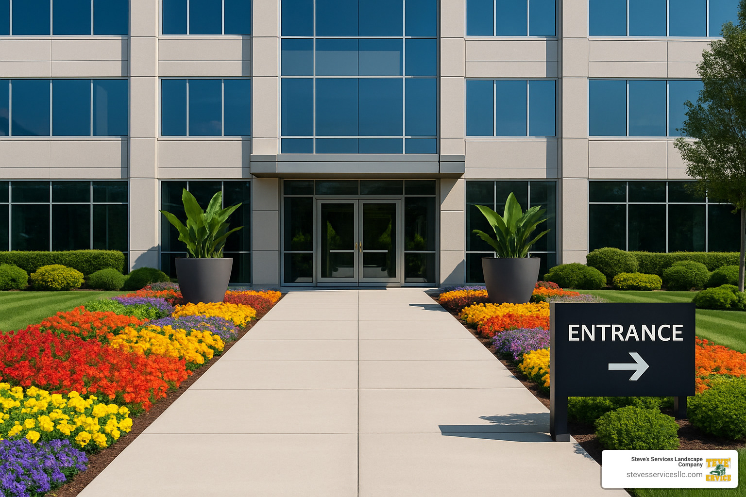 bold entrance landscaping with seasonal flowers and architectural planters - commercial landscaping for office buildings