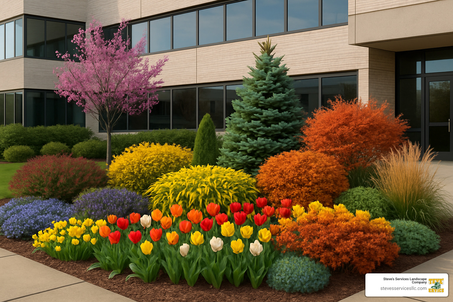 four-season garden bed showing seasonal interest throughout the year - commercial landscaping for office buildings