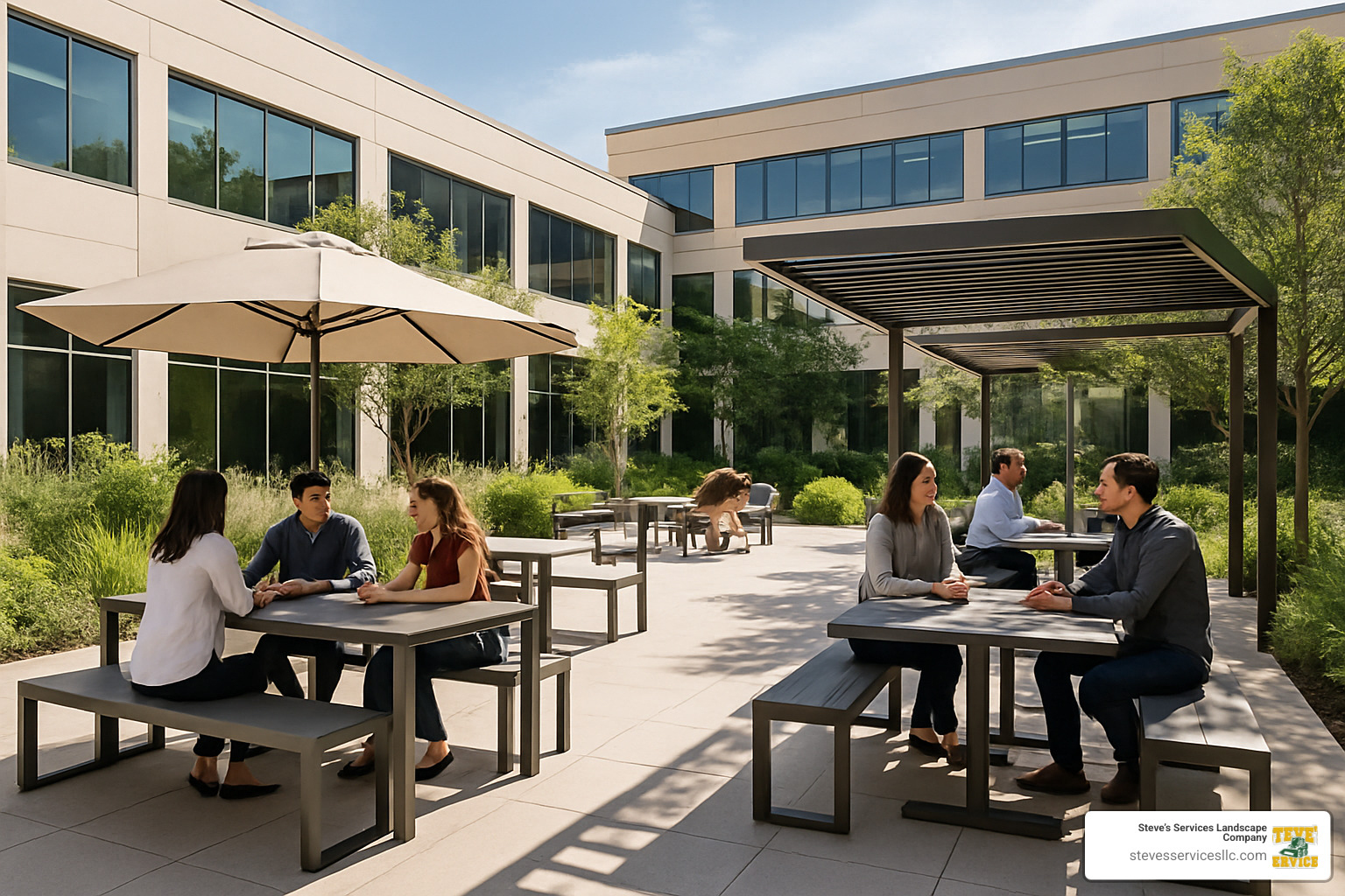 outdoor courtyard workspace with seating, shade structures, and plantings - commercial landscaping for office buildings