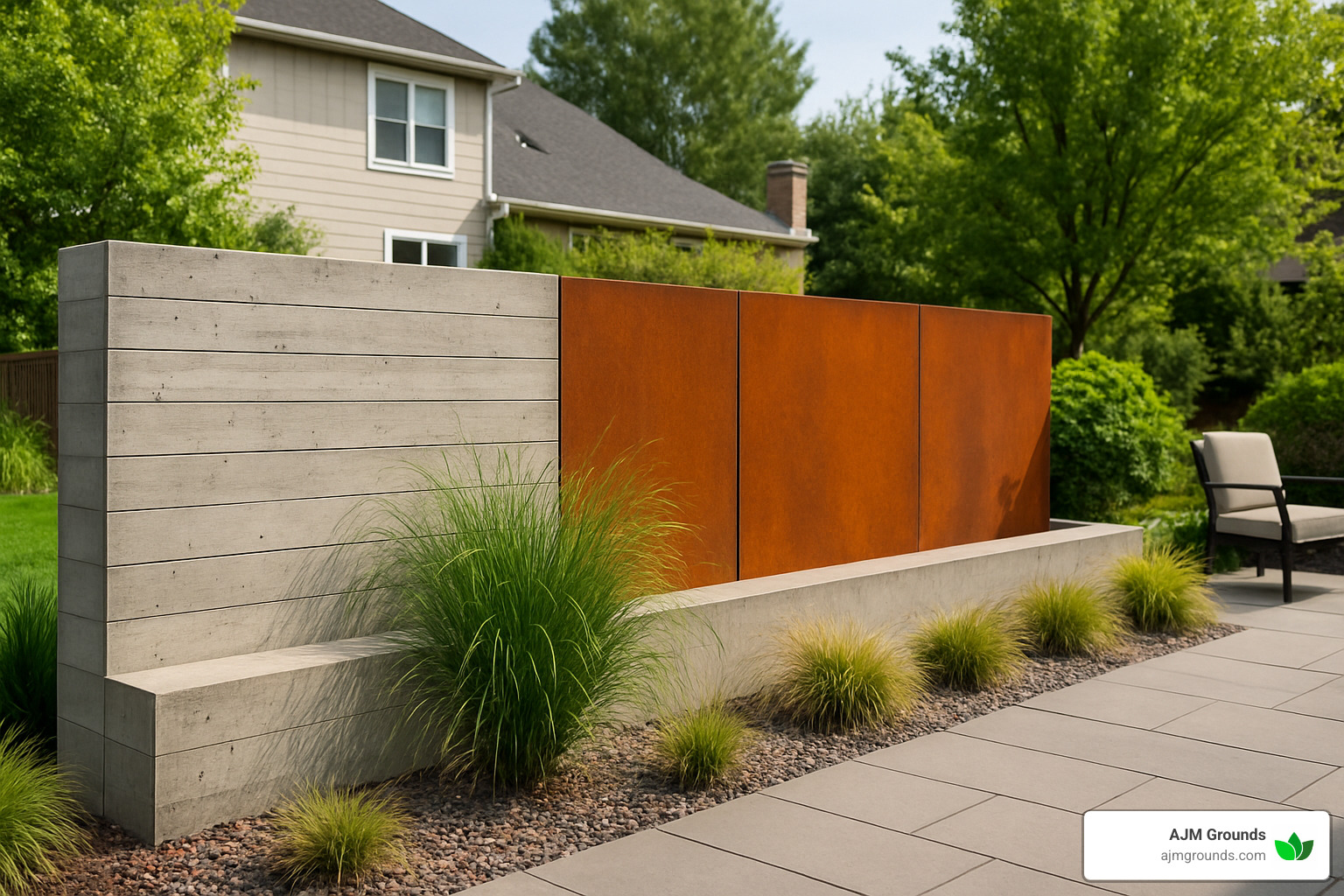 modern retaining wall with concrete and corten steel - backyard retaining wall ideas