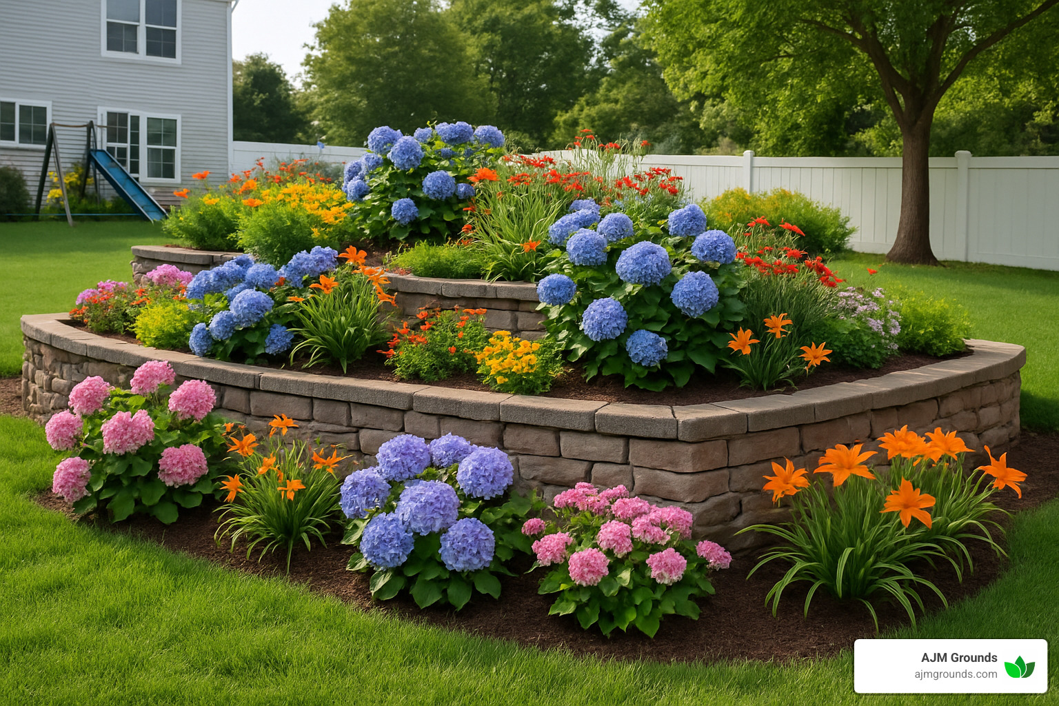 terraced stone retaining wall with flowering plants - backyard retaining wall ideas