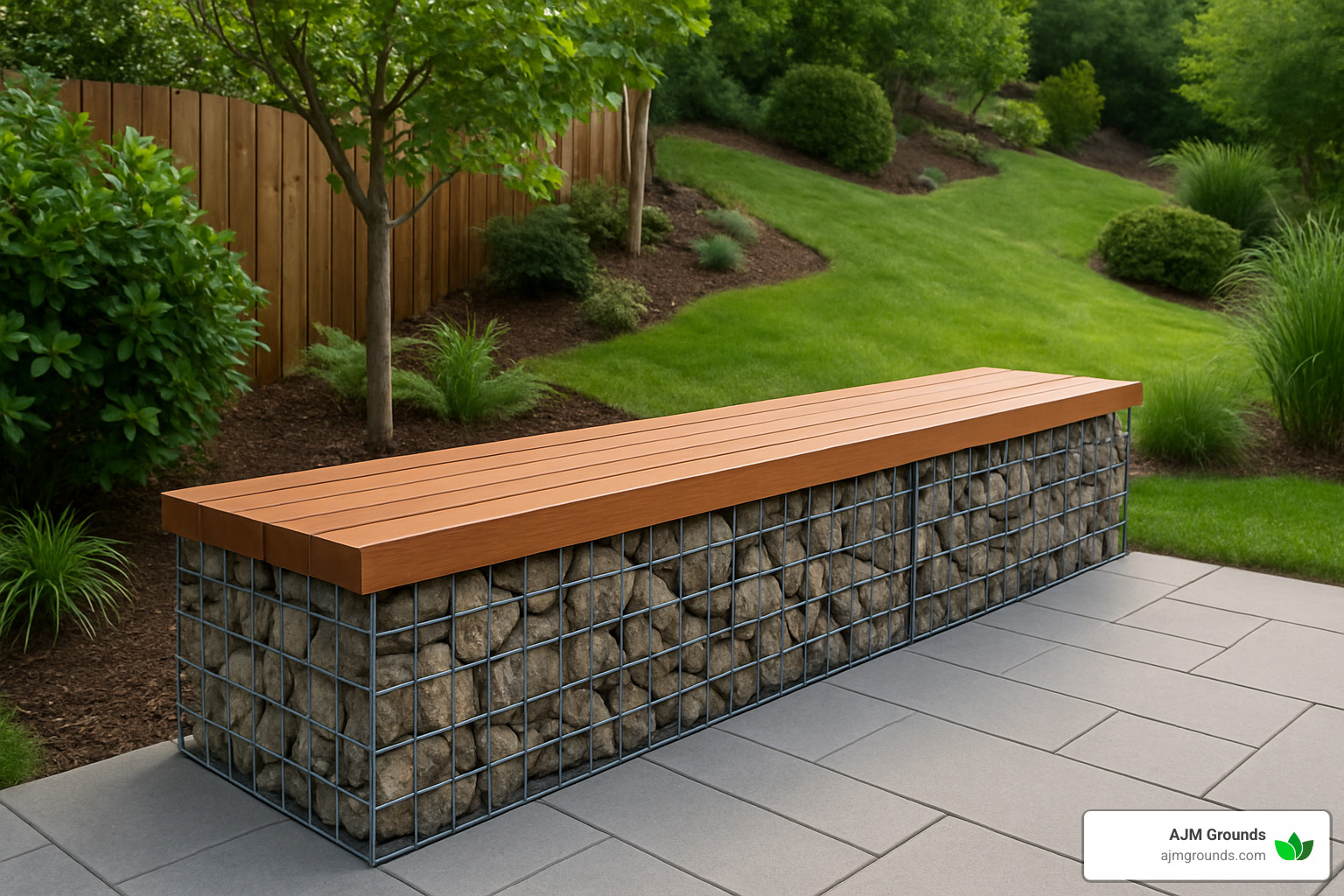 gabion retaining wall with wooden bench top - backyard retaining wall ideas