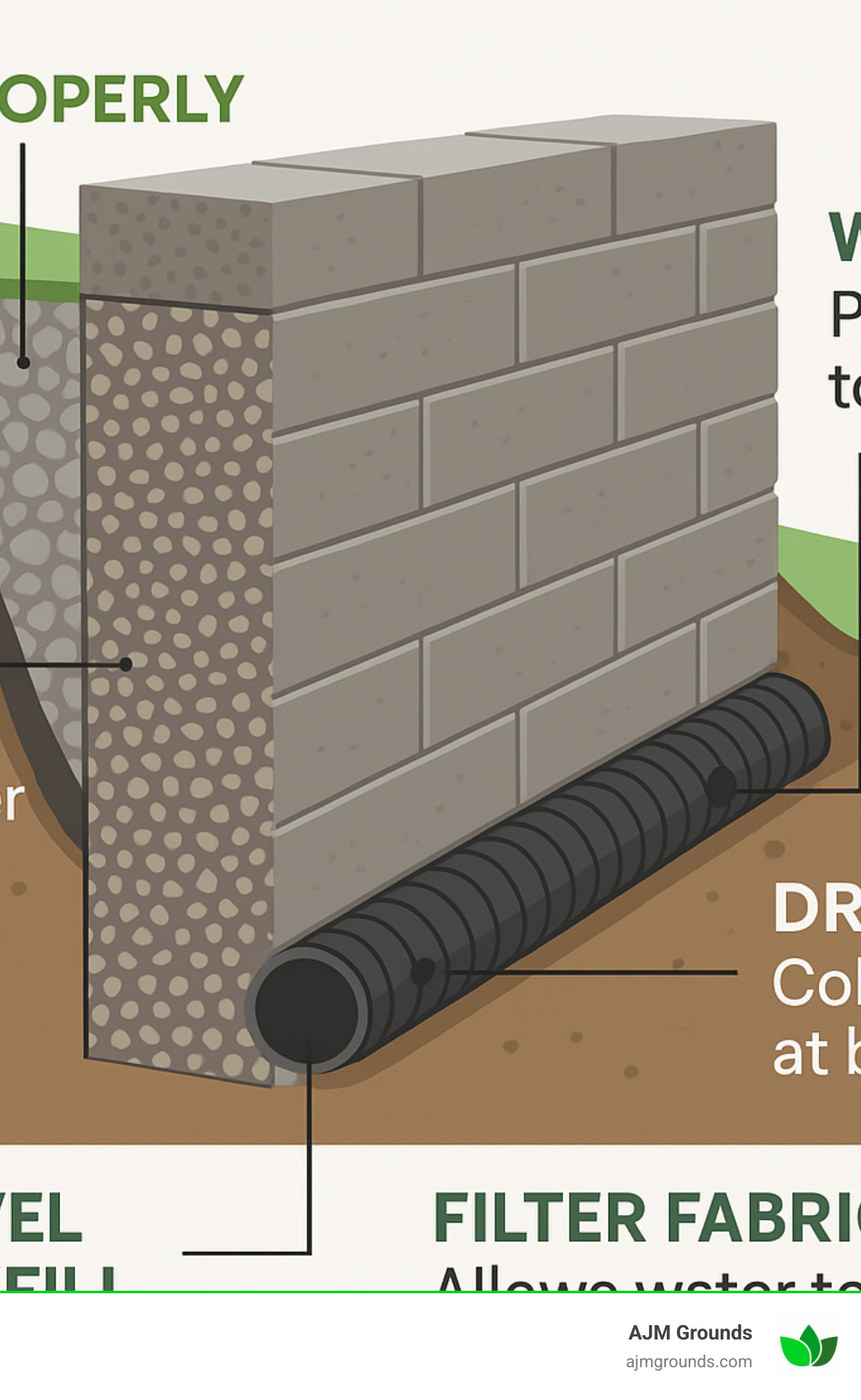 Diagram showing proper drainage techniques for retaining walls including gravel backfill, drain pipe, and weep holes - backyard retaining wall ideas infographic 