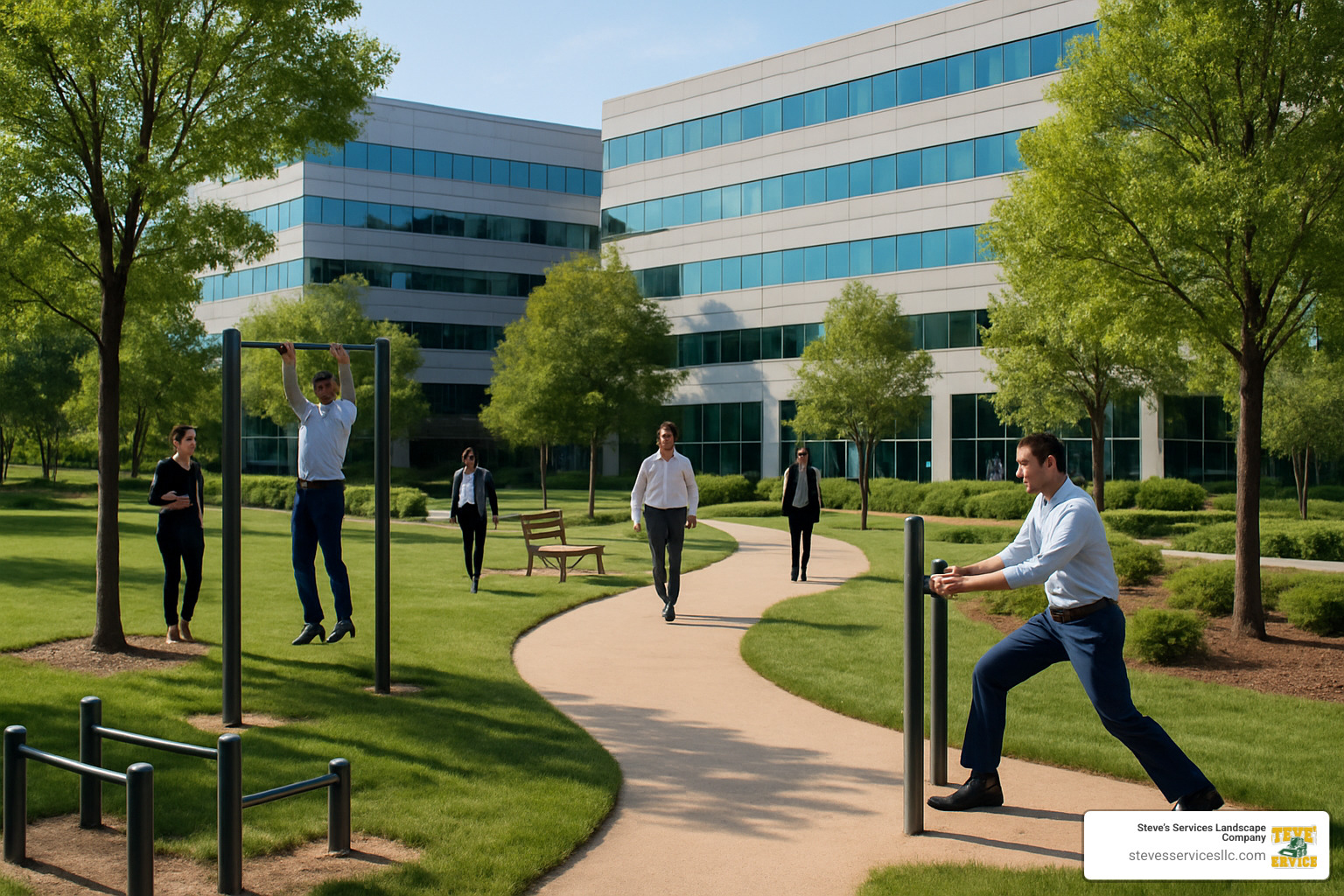 fitness trail with exercise stations integrated into office landscape - commercial landscaping for office buildings