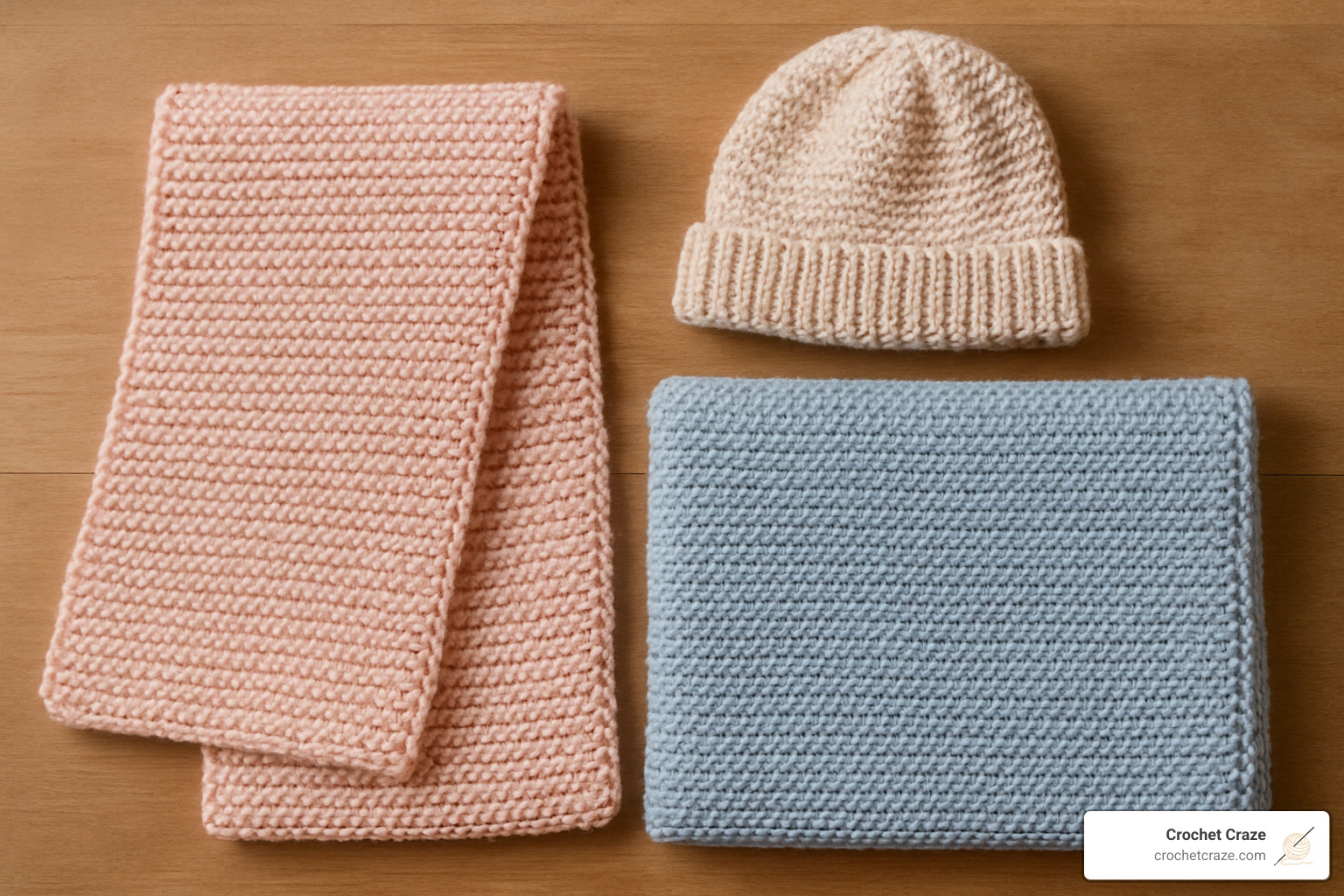 collection of finished garter stitch projects including scarf, hat and blanket - garter stitch knitting