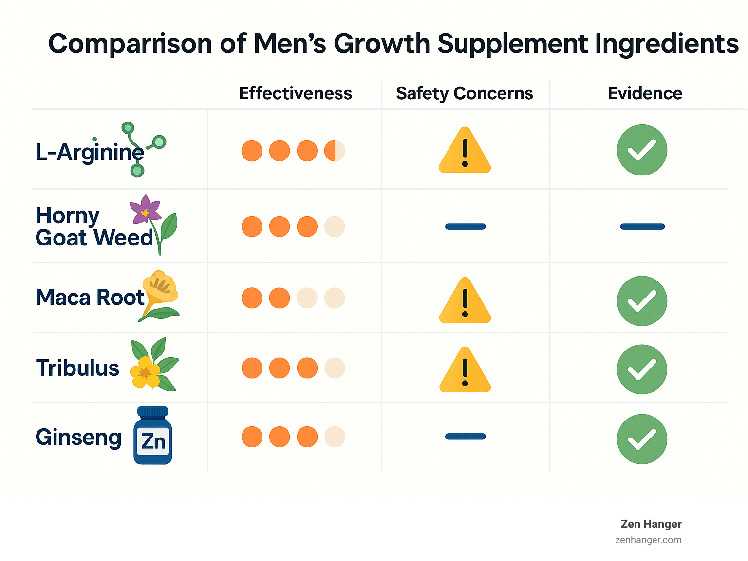 Comparison of men's growth supplement ingredients showing effectiveness ratings, safety concerns, and scientific evidence levels for common ingredients including L-arginine, Horny Goat Weed, Maca Root, Tribulus, Ginseng, and Zinc - men's growth supplement infographic