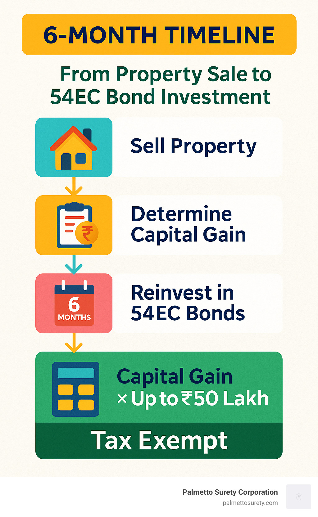 Flowchart showing 6-month timeline from property sale to 54ec bond investment, with process steps and tax exemption calculation - capital gain saving bonds infographic