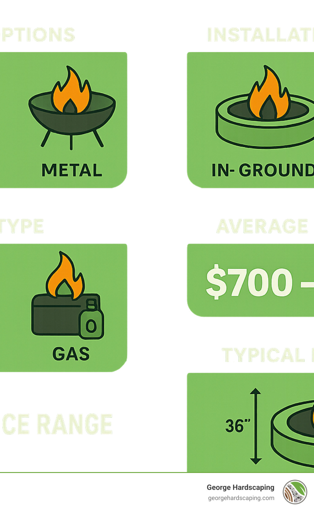 Comparison of custom fire pit types showing material options (stone, metal, concrete), installation methods (in-ground vs above-ground), fuel types (wood vs gas), average price ranges, and typical dimensions with appropriate safety clearances - custom fire pits infographic 