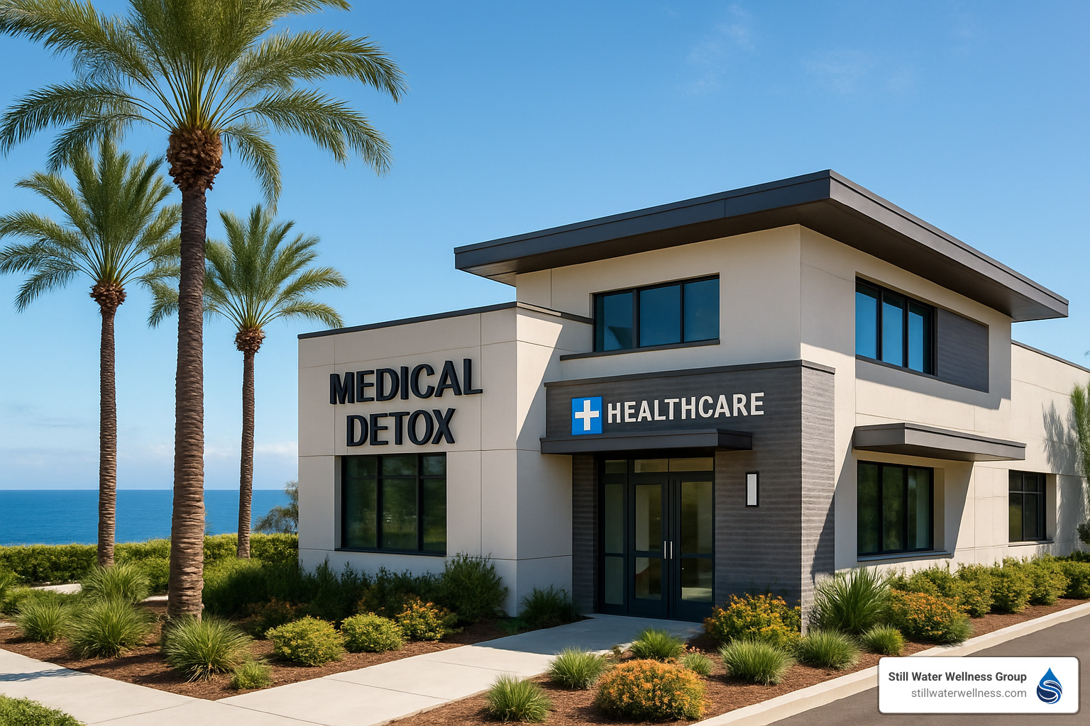 Orange County medical detox facility with palm trees and ocean view - medical detox orange county ca