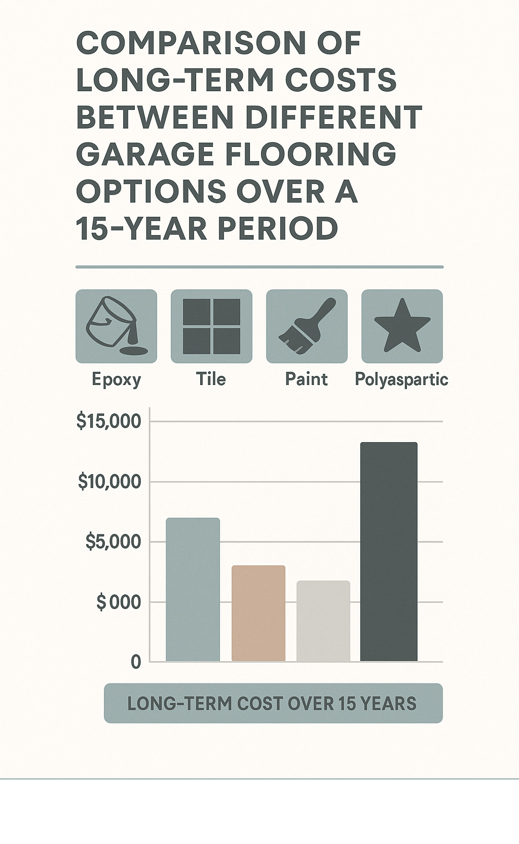 Comparison of long-term costs between different garage flooring options over a 15-year period - affordable garage flooring infographic 