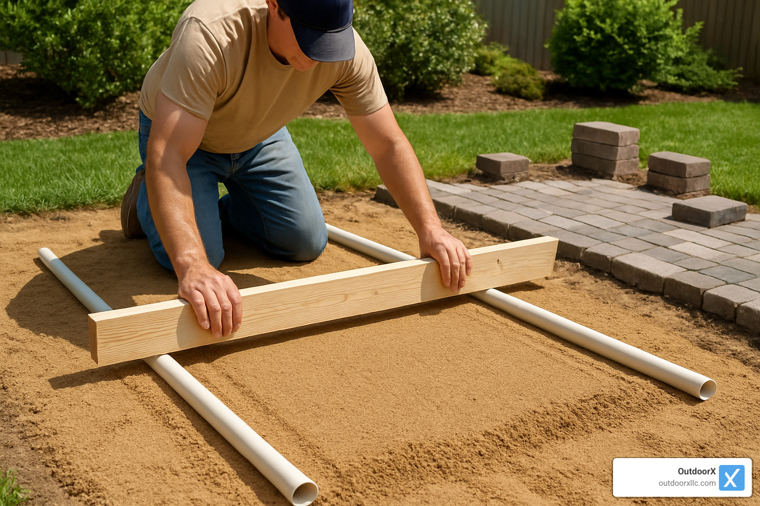 DIY paver walkway installation screeding sand with PVC pipes - paver walkway installation