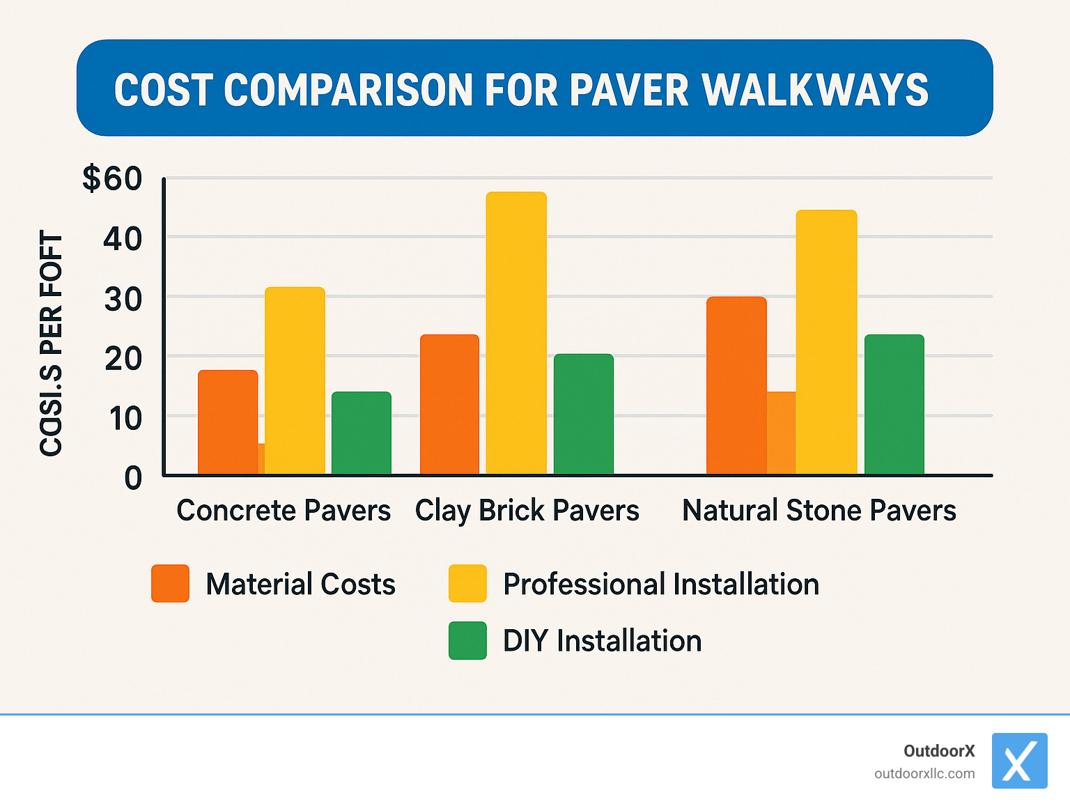 Cost comparison chart for different paver materials and installation methods - paver walkway installation infographic 