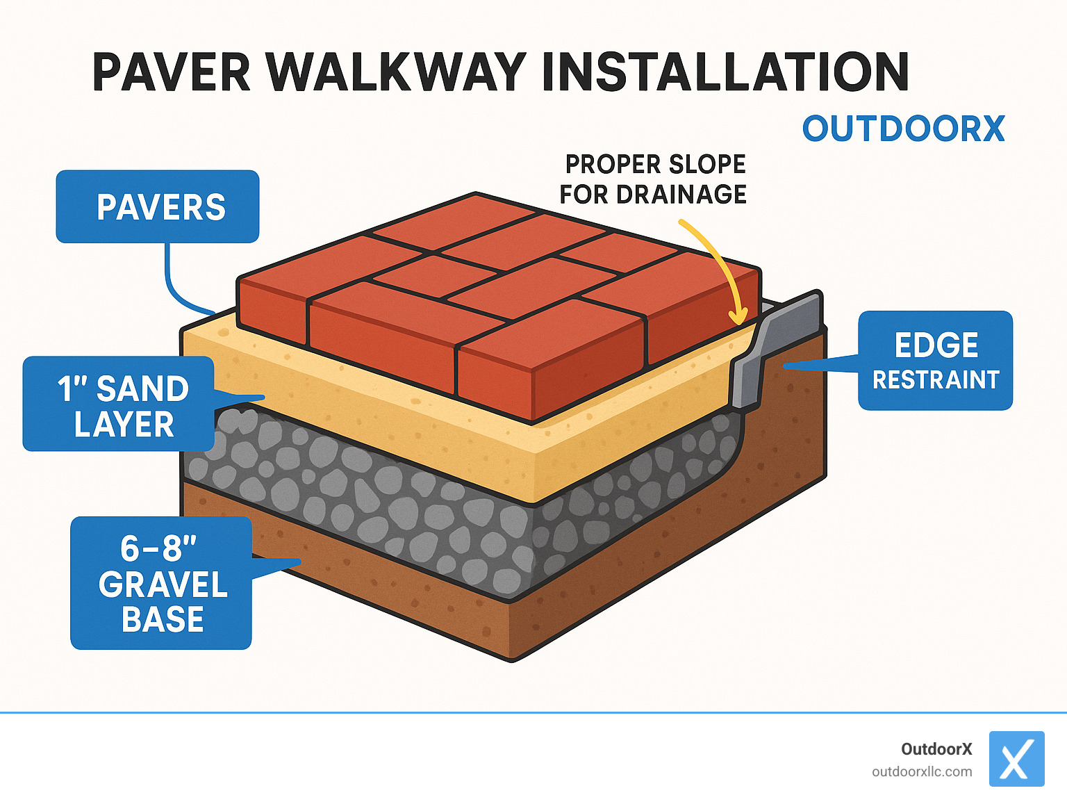 Paver walkway installation layers showing 6-8" gravel base, 1" sand layer, pavers, and edge restraints with proper slope for drainage - paver walkway installation infographic 