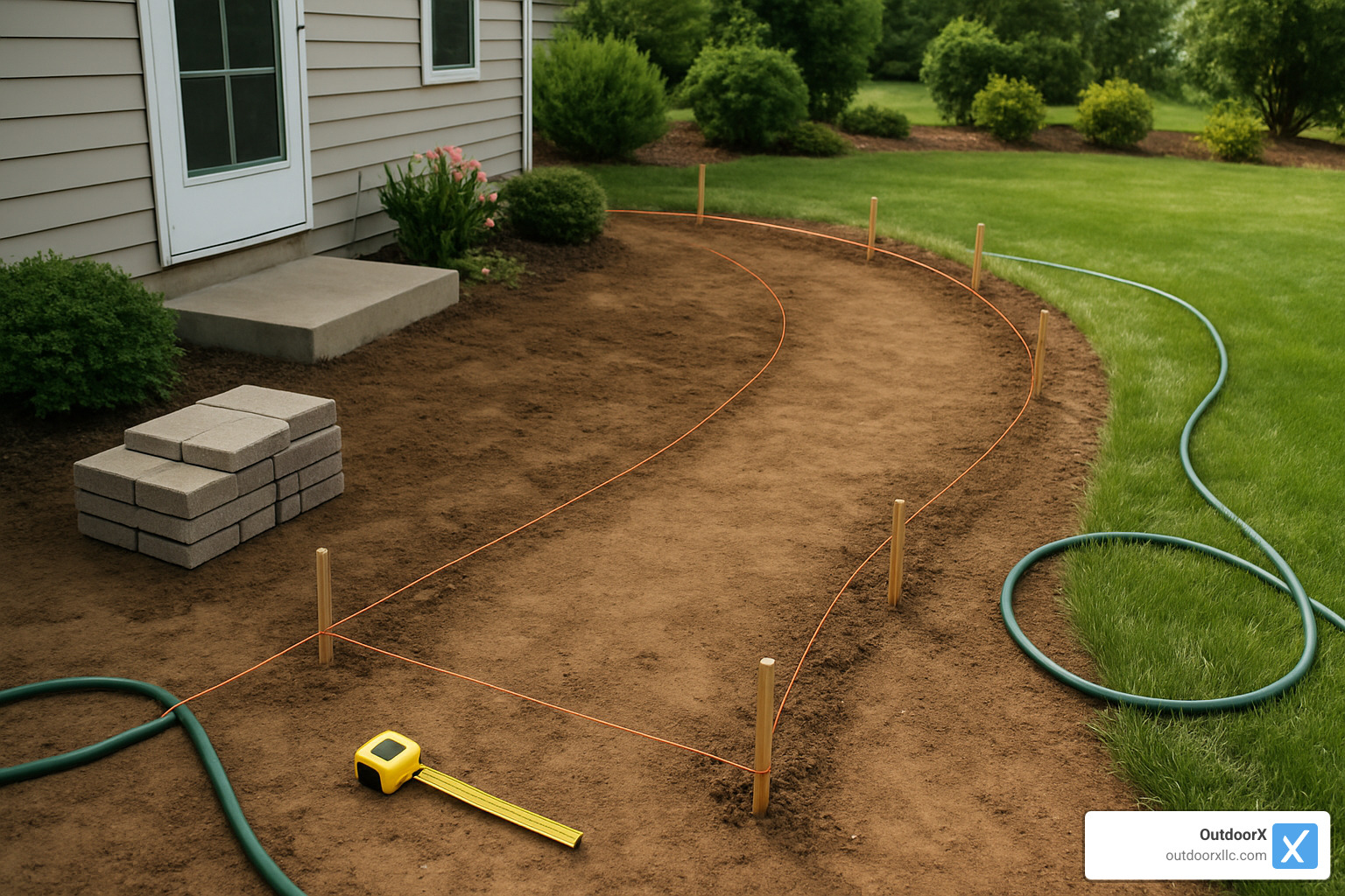paver walkway layout design with string lines and stakes - paver walkway installation