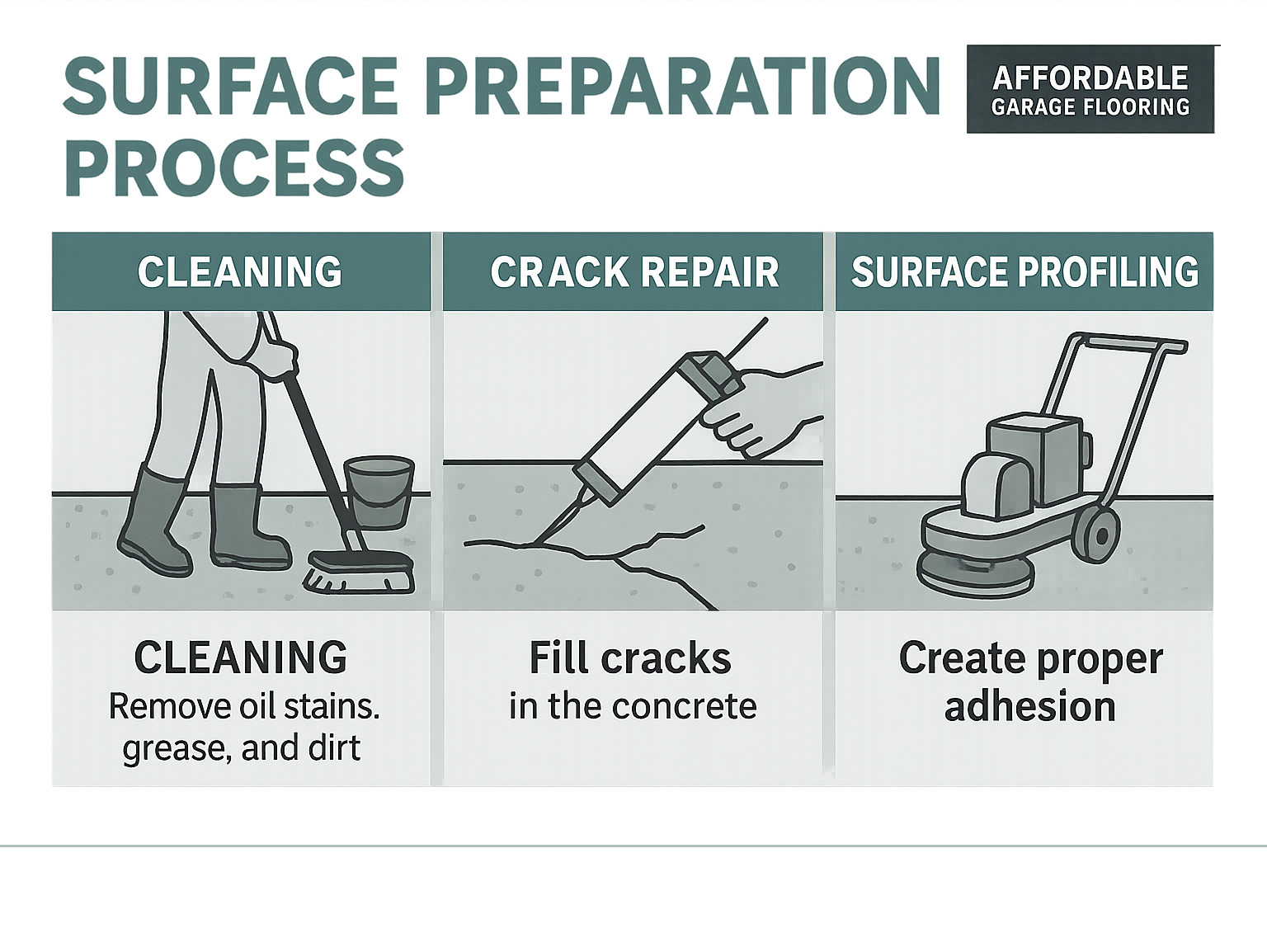 Three-step surface preparation process showing cleaning, crack repair, and surface profiling for garage floors - affordable garage flooring infographic 