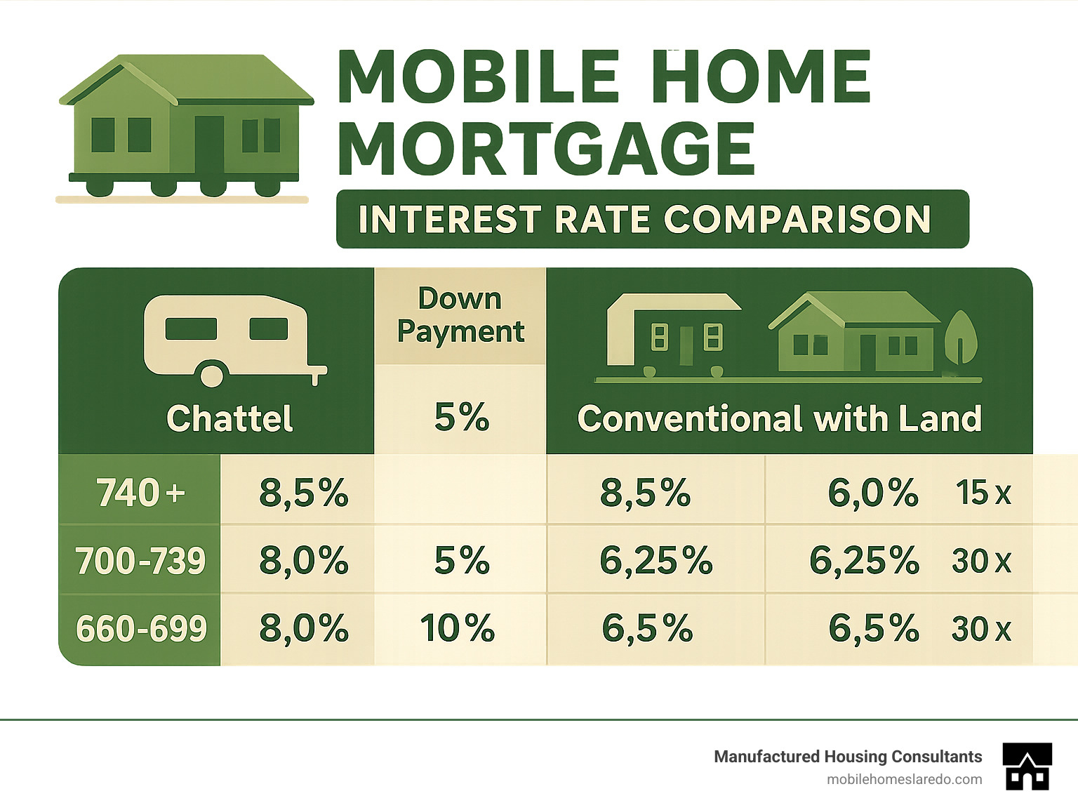 Mobile home mortgage interest rate comparison chart showing chattel vs conventional loans with land, including credit score tiers, down payment requirements, and average rates for 15-year and 30-year terms - mobile home mortgage interest rates infographic Mobile home mortgage interest rate comparison chart showing chattel vs conventional loans with land, including credit score tiers, down payment requirements, and average rates for 15-year and 30-year terms - mobile home mortgage interest rates infographic