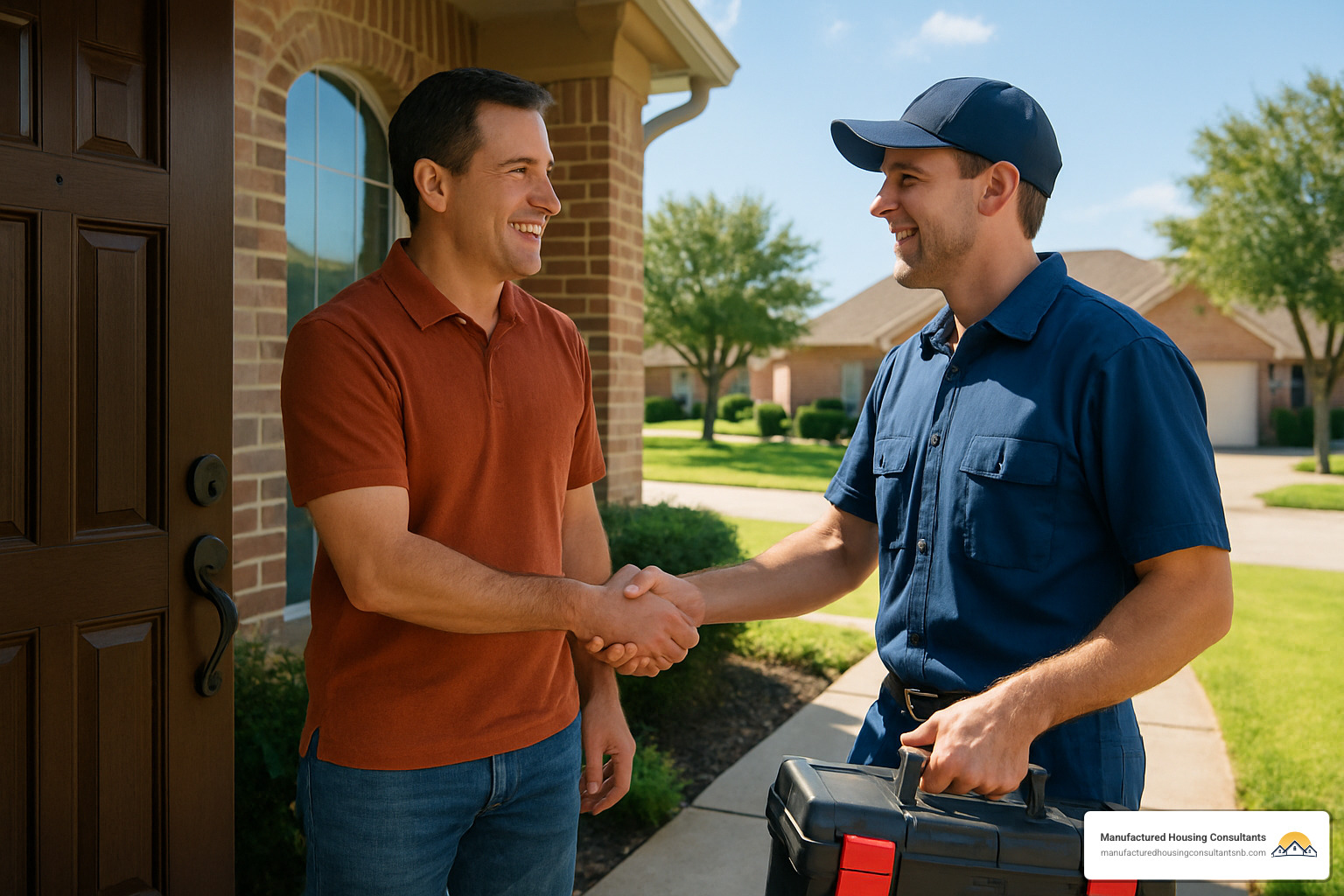 Homeowner shaking hands with repair technician - Home warranty services Texas