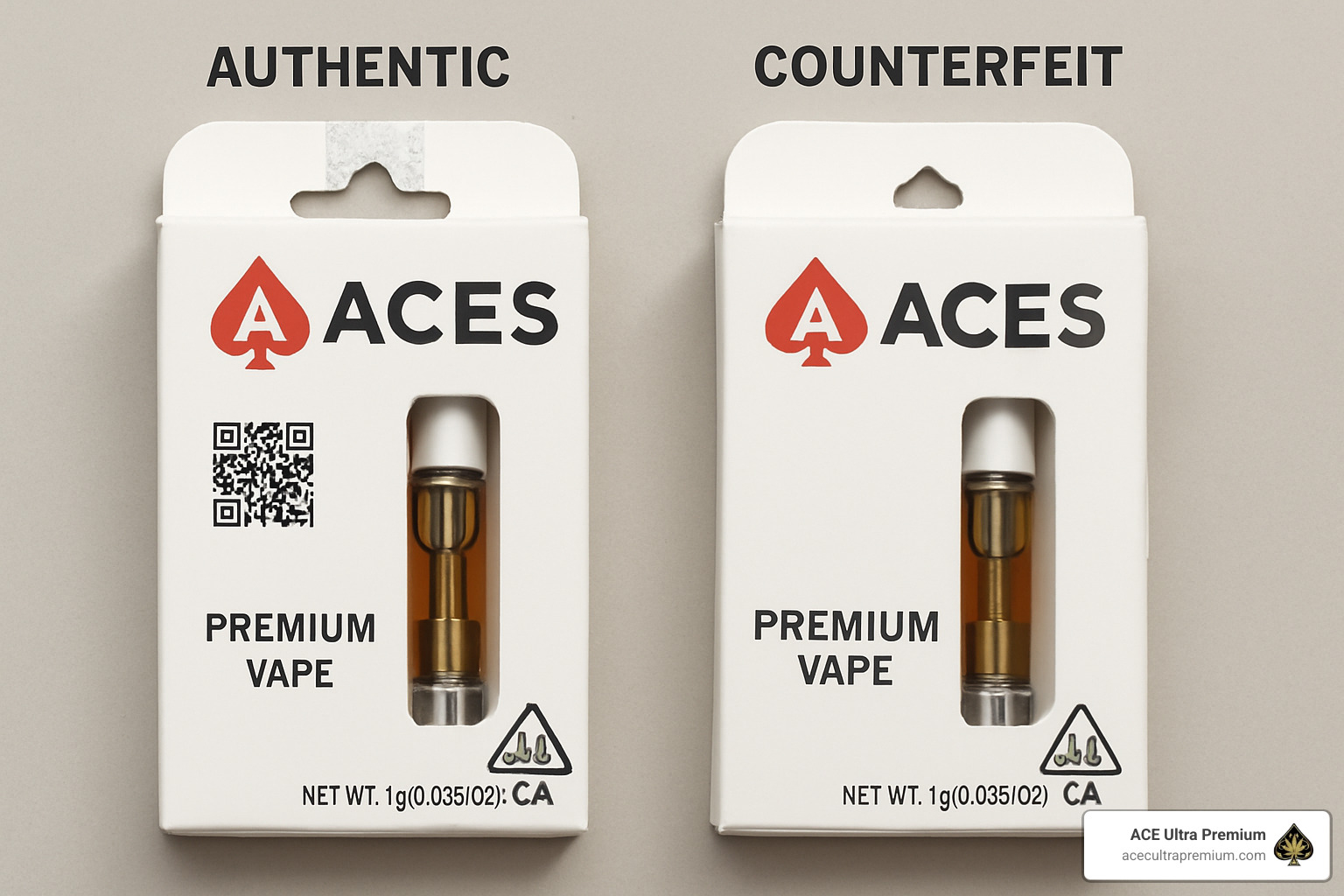 Comparison of authentic vs counterfeit Aces cart packaging - aces cart Comparison of authentic vs counterfeit Aces cart packaging - aces cart