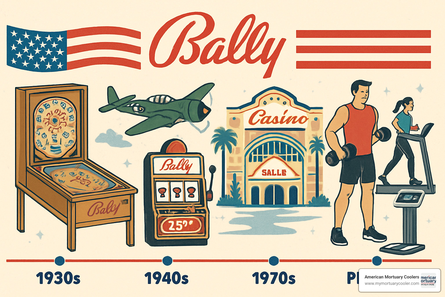 Bally brand evolution timeline from 1932 pinball machines to modern body analysis technology - bally body