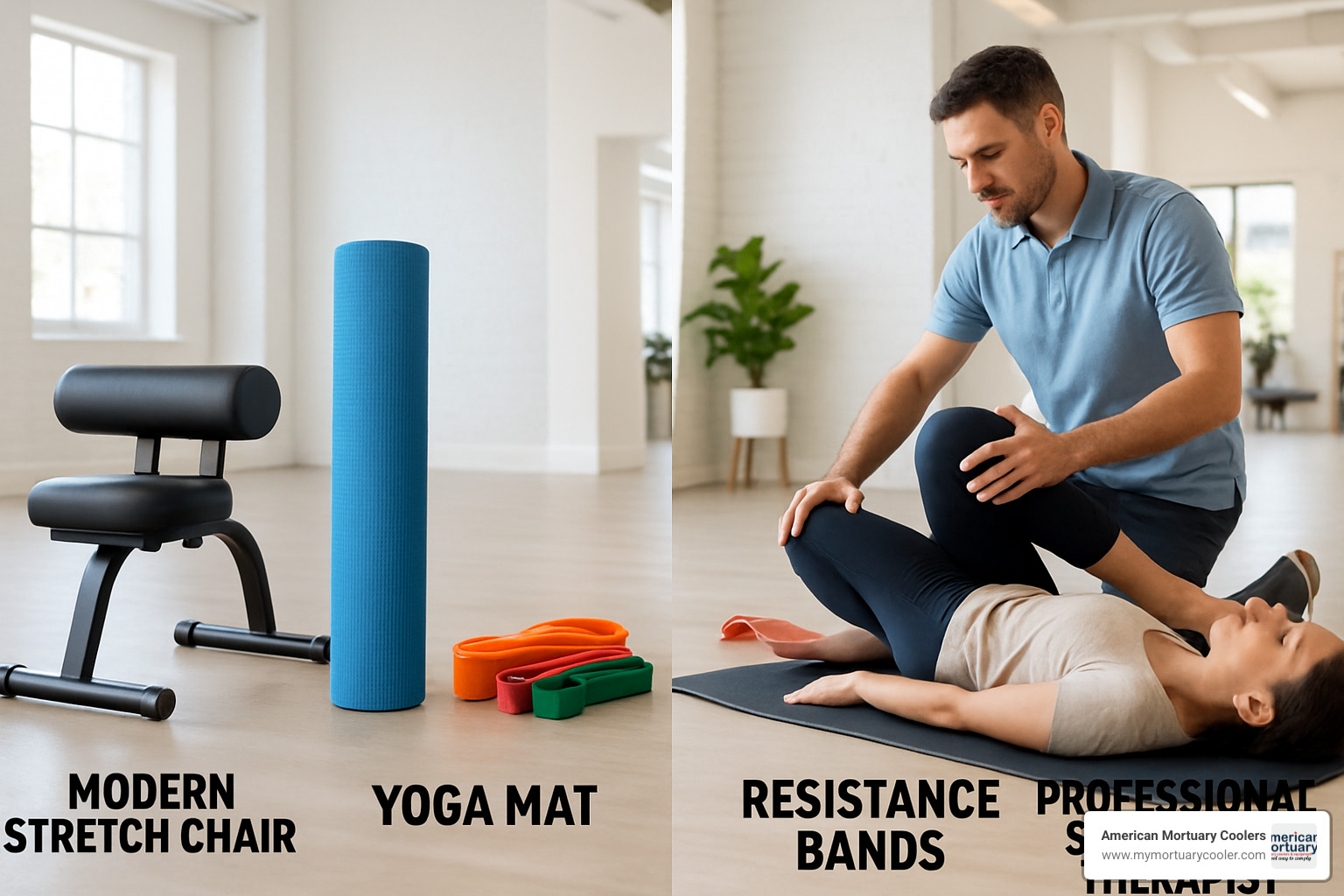 Comparison of stretch chair with other mobility aids including yoga mats, resistance bands, and professional stretching services - stretch chair