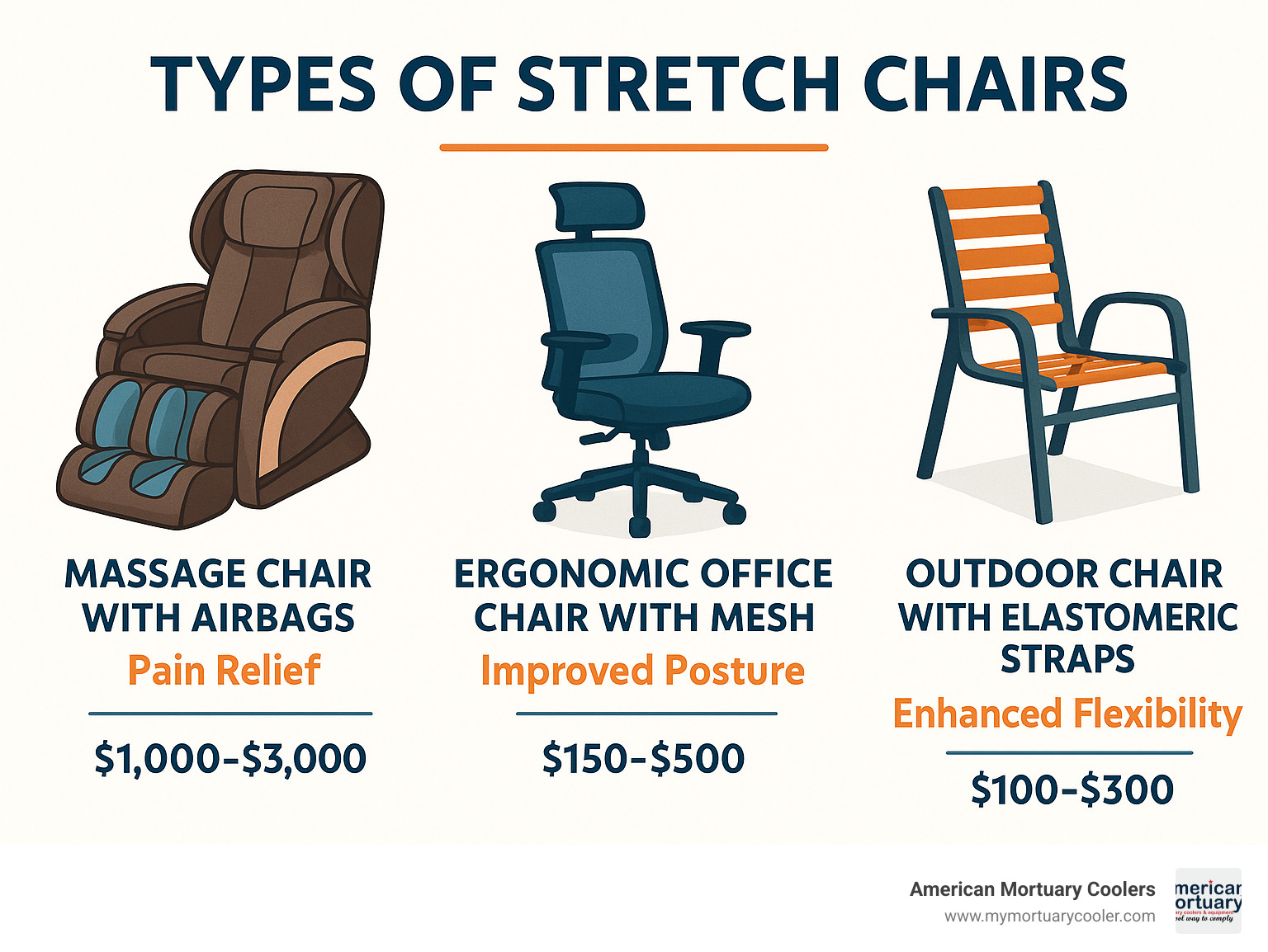 Types of stretch chairs showing massage chairs with airbags, ergonomic office chairs with mesh, and outdoor chairs with elastomeric straps, along with their primary benefits and typical price ranges - stretch chair infographic 