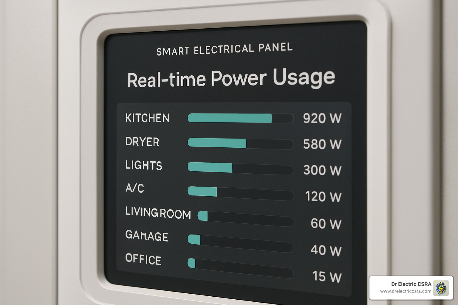 Smart electrical panel displaying real-time power usage for kitchen, dryer, lights, A/C, living room, garage, and office, highlighting energy consumption management.
