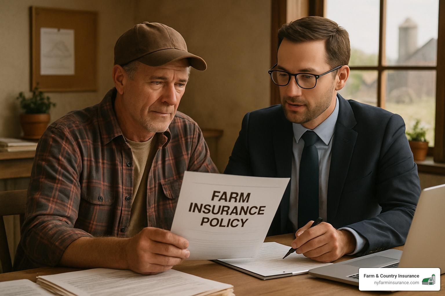 Farmer reviewing insurance policy documents with agent - farm product liability insurance