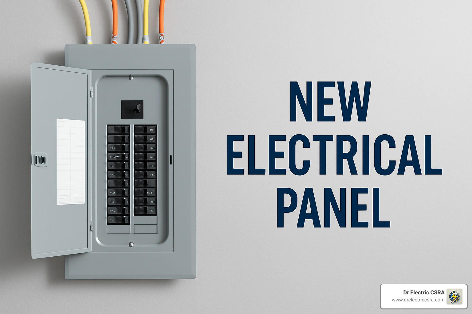 New electrical panel with open door, displaying circuit breakers and labeled spaces, showcasing modern electrical system features for residential upgrades.