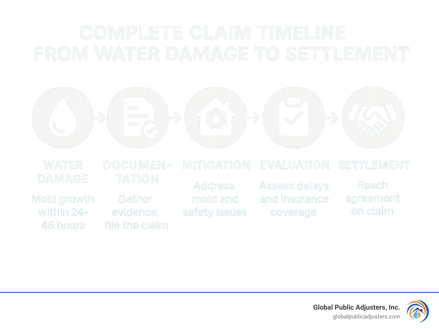 Complete claim timeline from water damage to settlement - construction delays claim from mold water damage infographic 