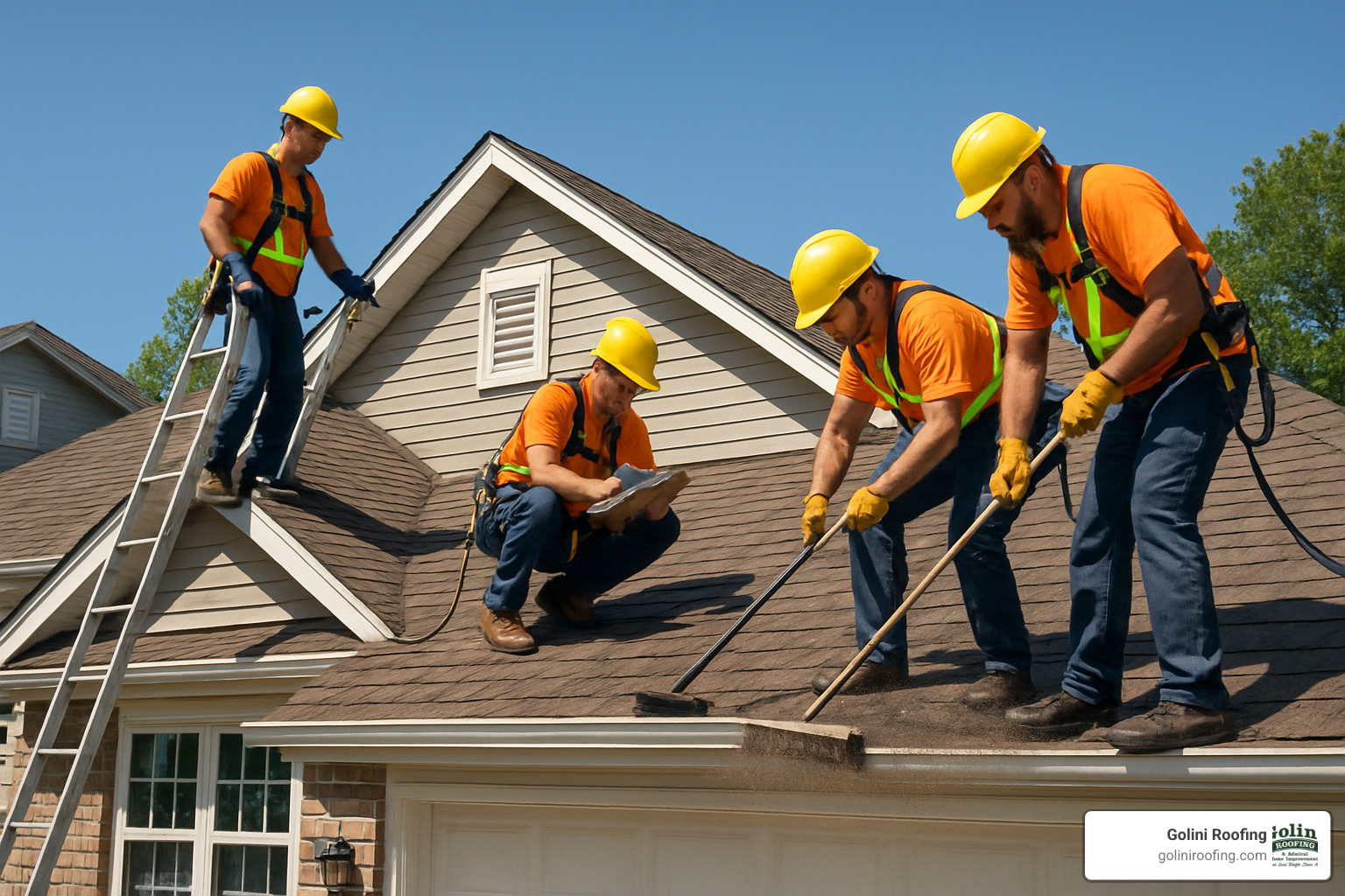 maintenance crew performing roof inspection and cleaning - companies for roofing