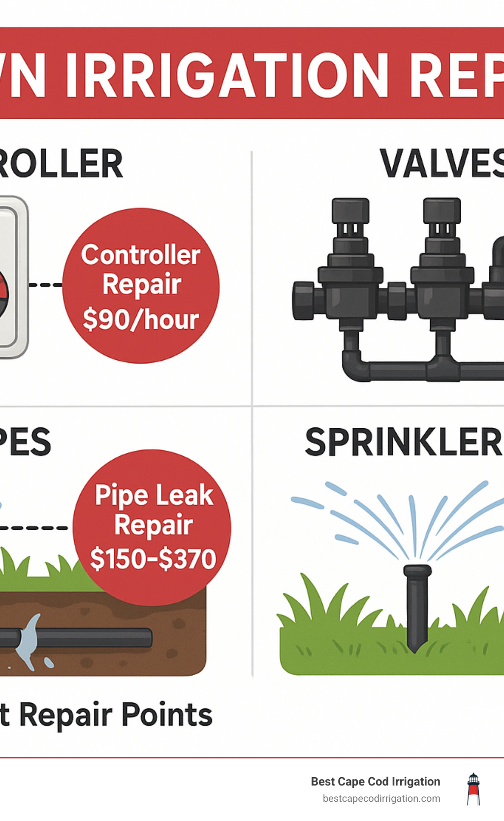 Detailed infographic showing common lawn irrigation system components including controller, valves, pipes, sprinkler heads, and highlighting frequent repair points with average repair costs for each component - lawn irrigation repair infographic 