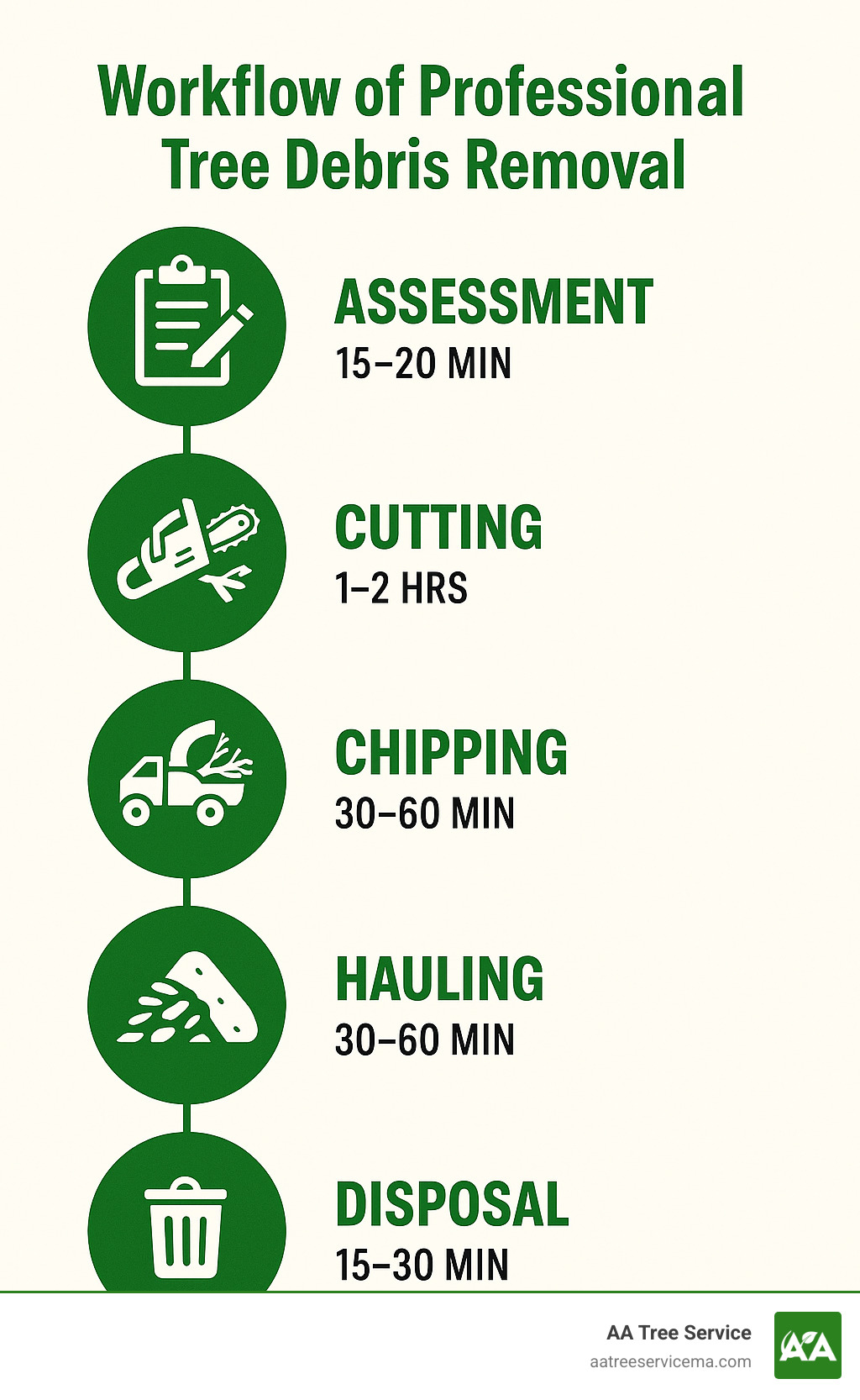 Workflow of professional tree debris removal showing assessment, cutting, chipping, hauling and disposal stages with average timeframes for each - tree debris removal near me infographic 