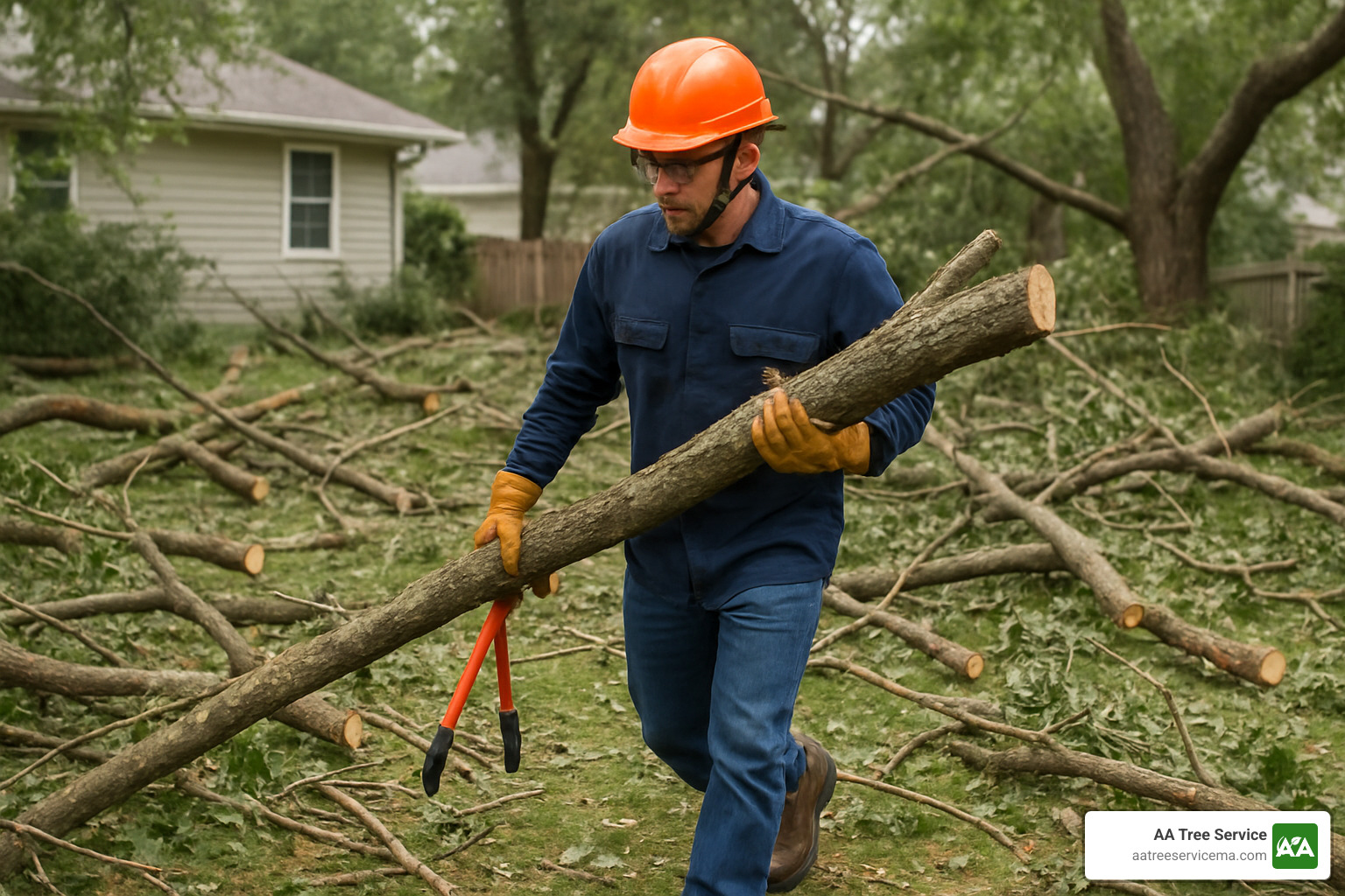person wearing proper safety gear for tree debris cleanup - tree debris removal near me