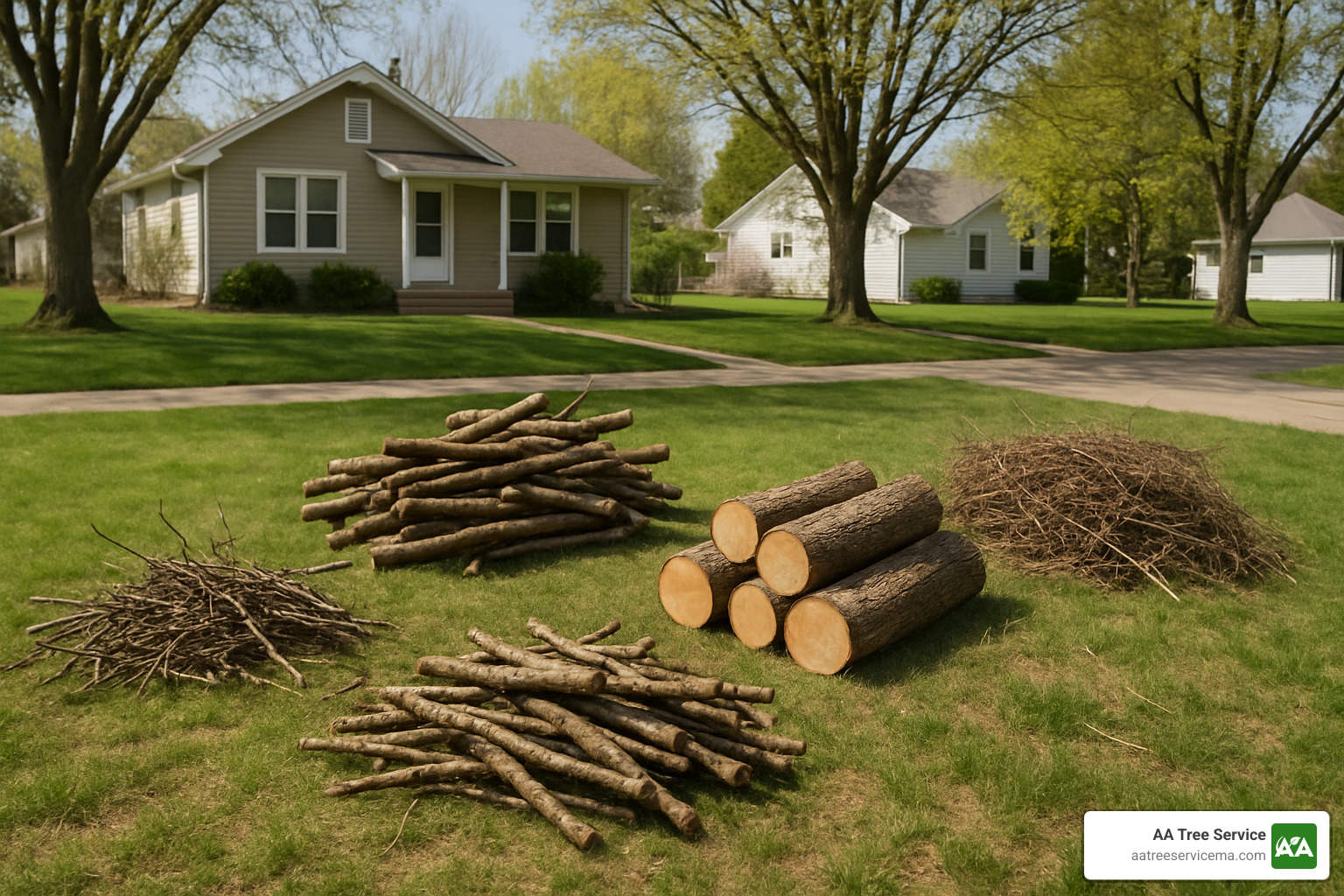 different types of tree debris sorted in piles - tree debris removal near me