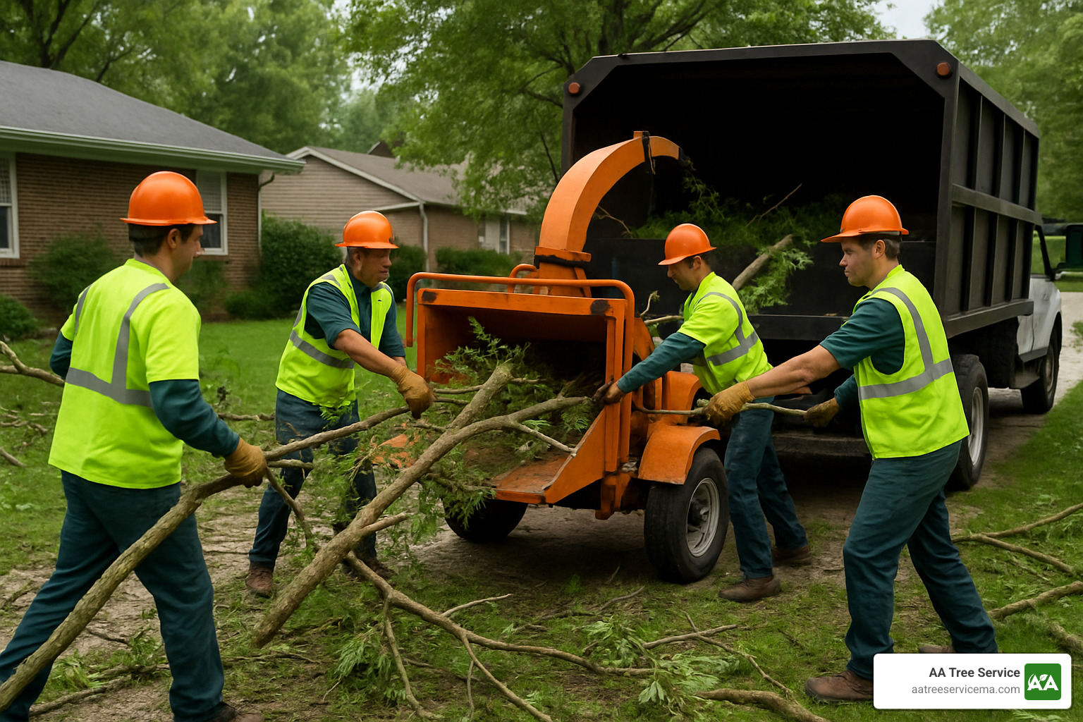 professional crew loading tree debris into chipper - tree debris removal near me
