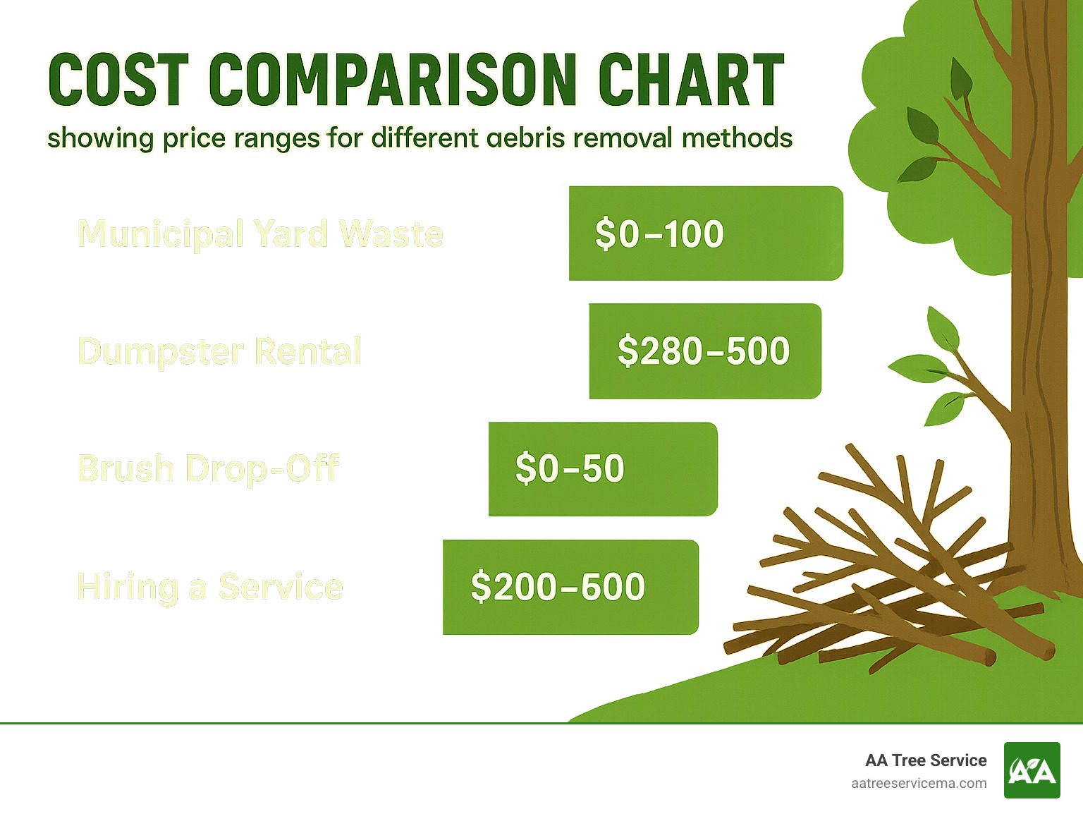 Cost comparison chart showing price ranges for different debris removal methods - tree debris removal near me infographic 